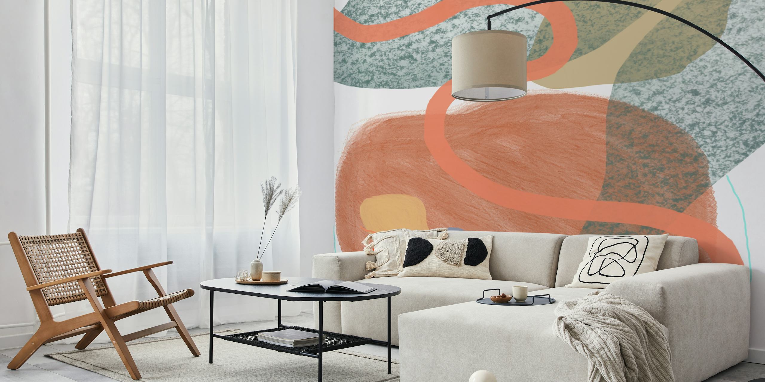 Abstract wall mural with organic shapes and earth tones