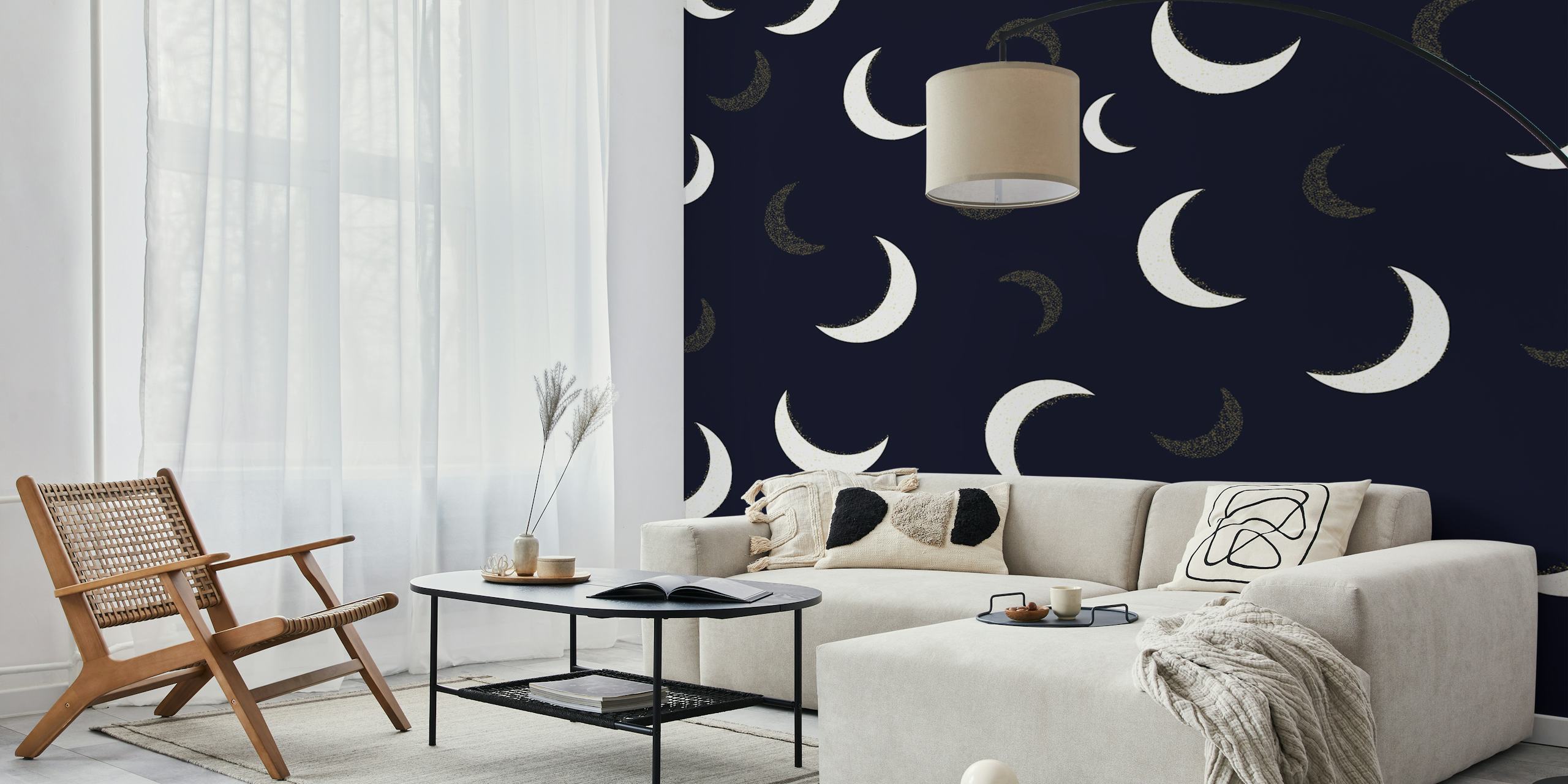 Crescent moon patterns in white and gold on black background wallpaper