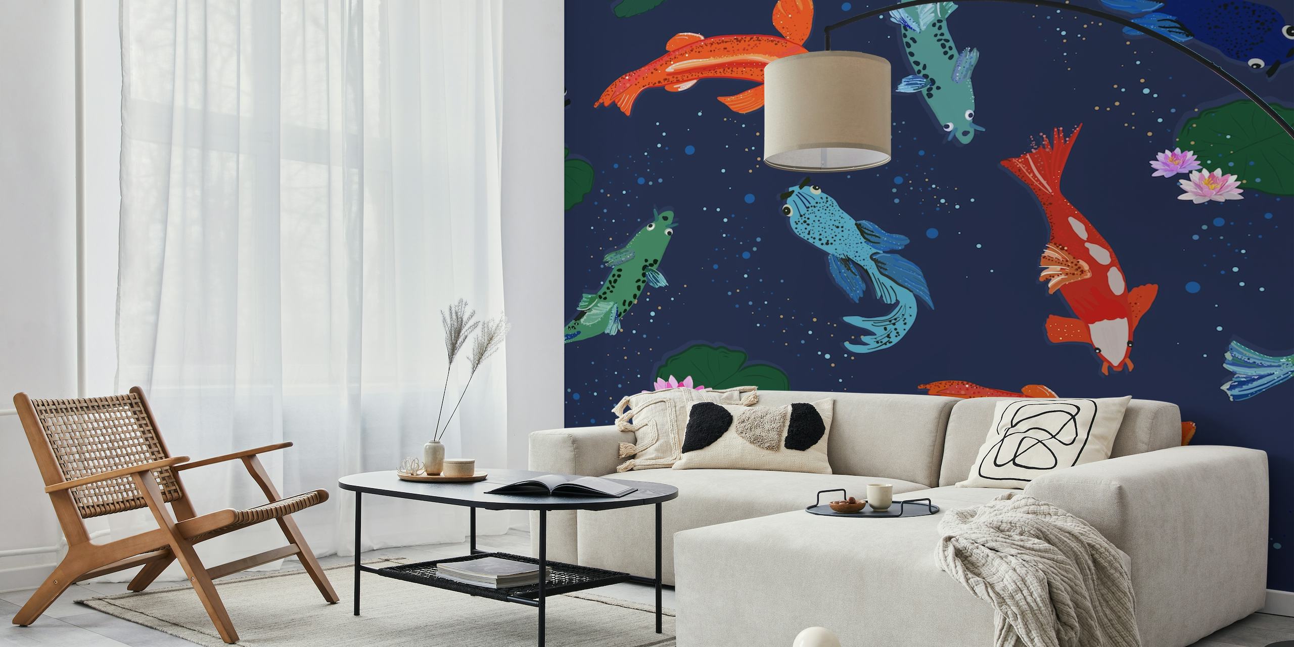 Koi fishes sea creatures navy wallpaper