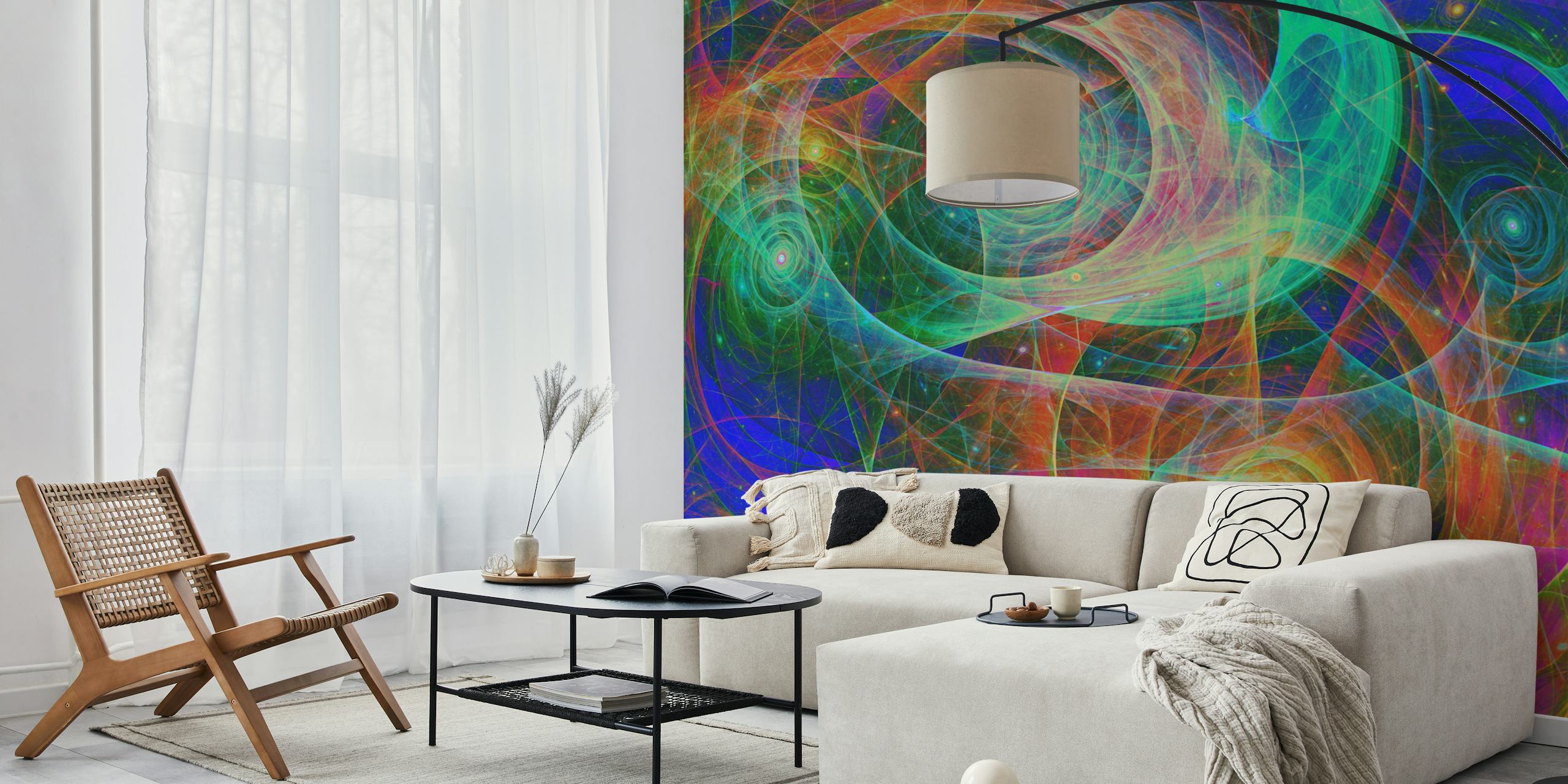 Multicolored vortex wallpaper in a stylish room
