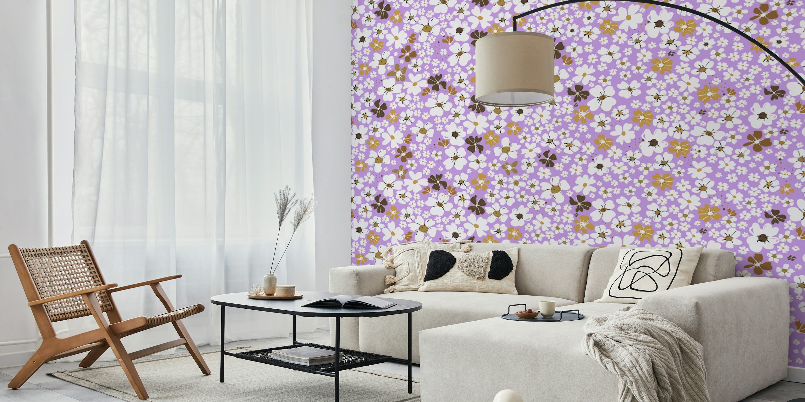 Small white and brown flowers on a lilac background vintage floral wallpaper