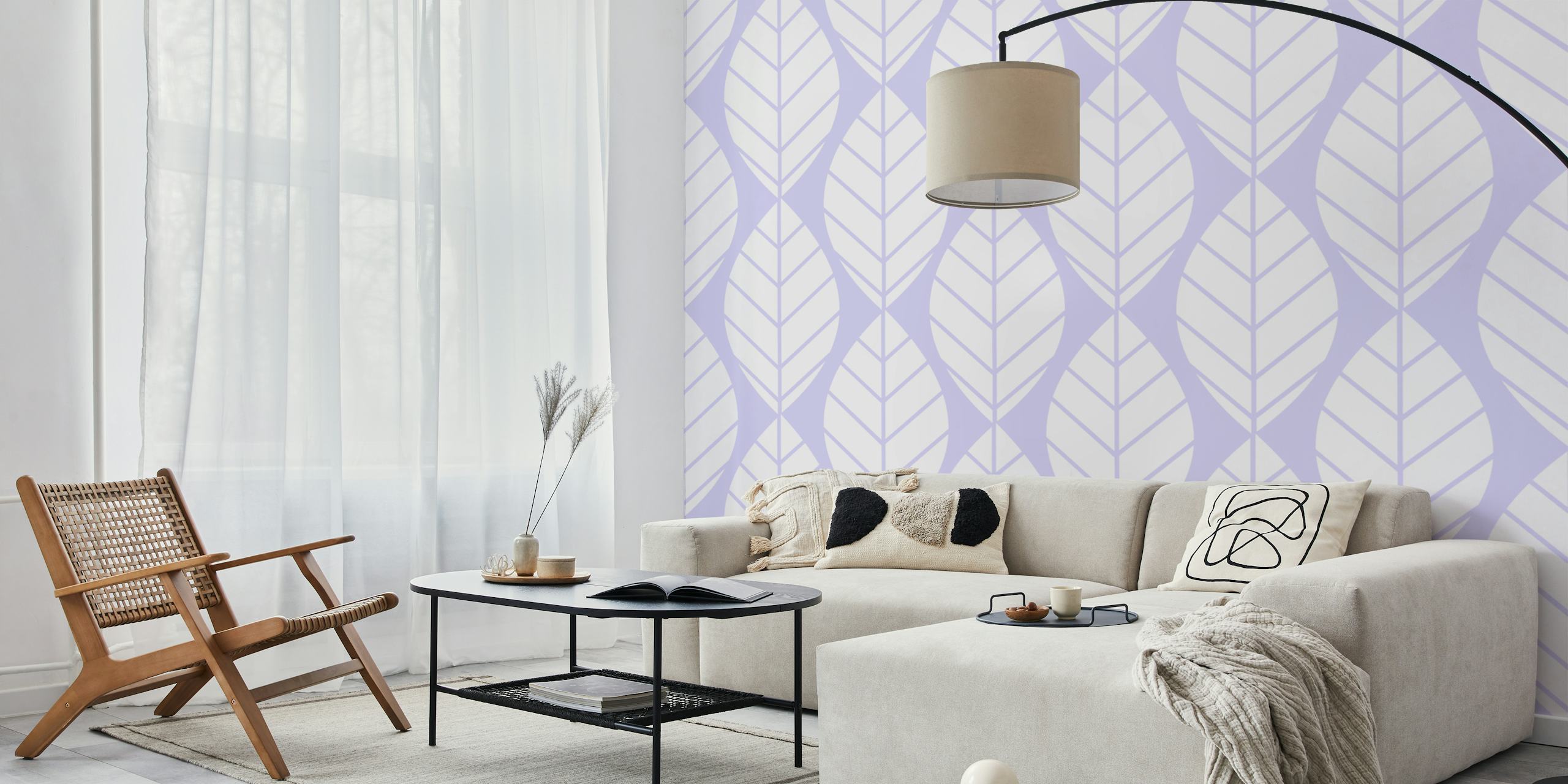 Lavender white leaves pattern wallpaper in a room