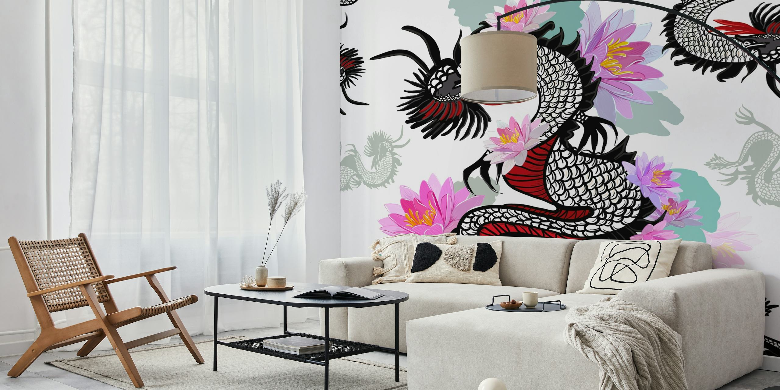 Design murale del mitico drago e del loto in fiore