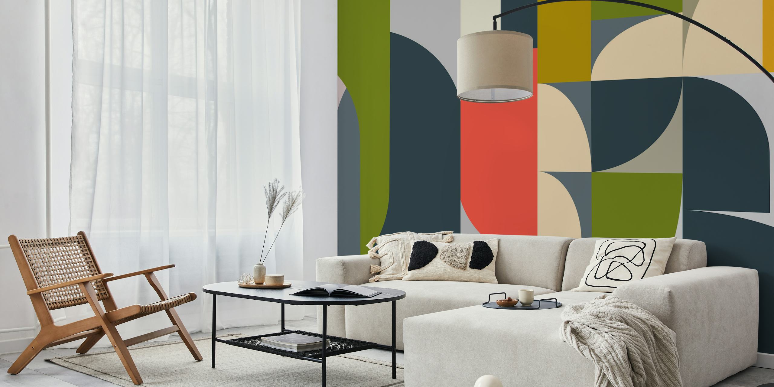 Geometric abstract shapes in vibrant colors including green, red, and navy blue wallpaper
