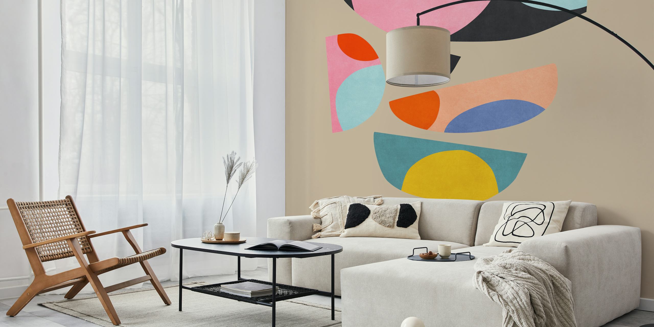 Abstrakte geometriske former collage veggmalerier i pastell og dristige farger