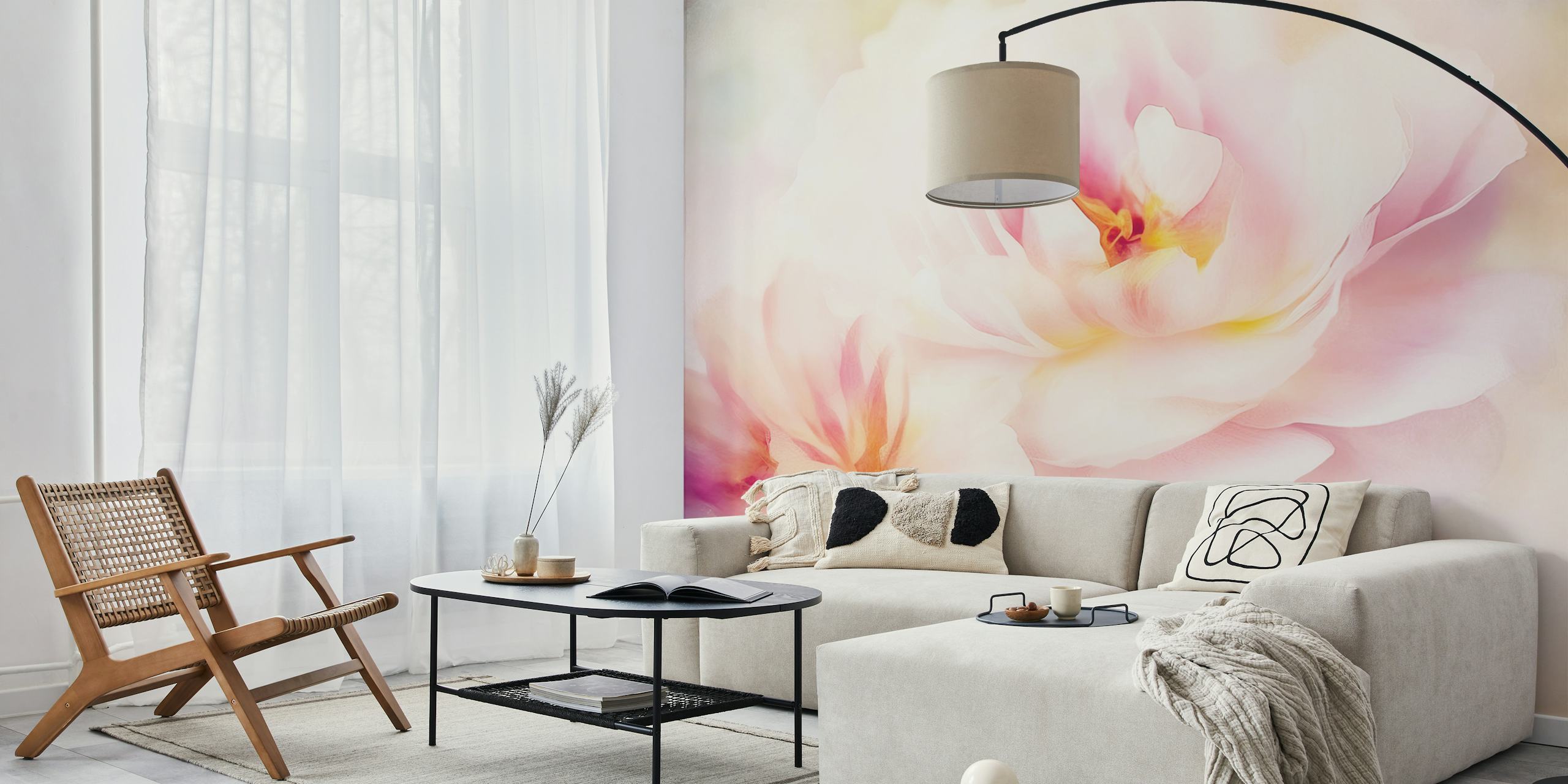 Soft pink and peach floral design wallpaper