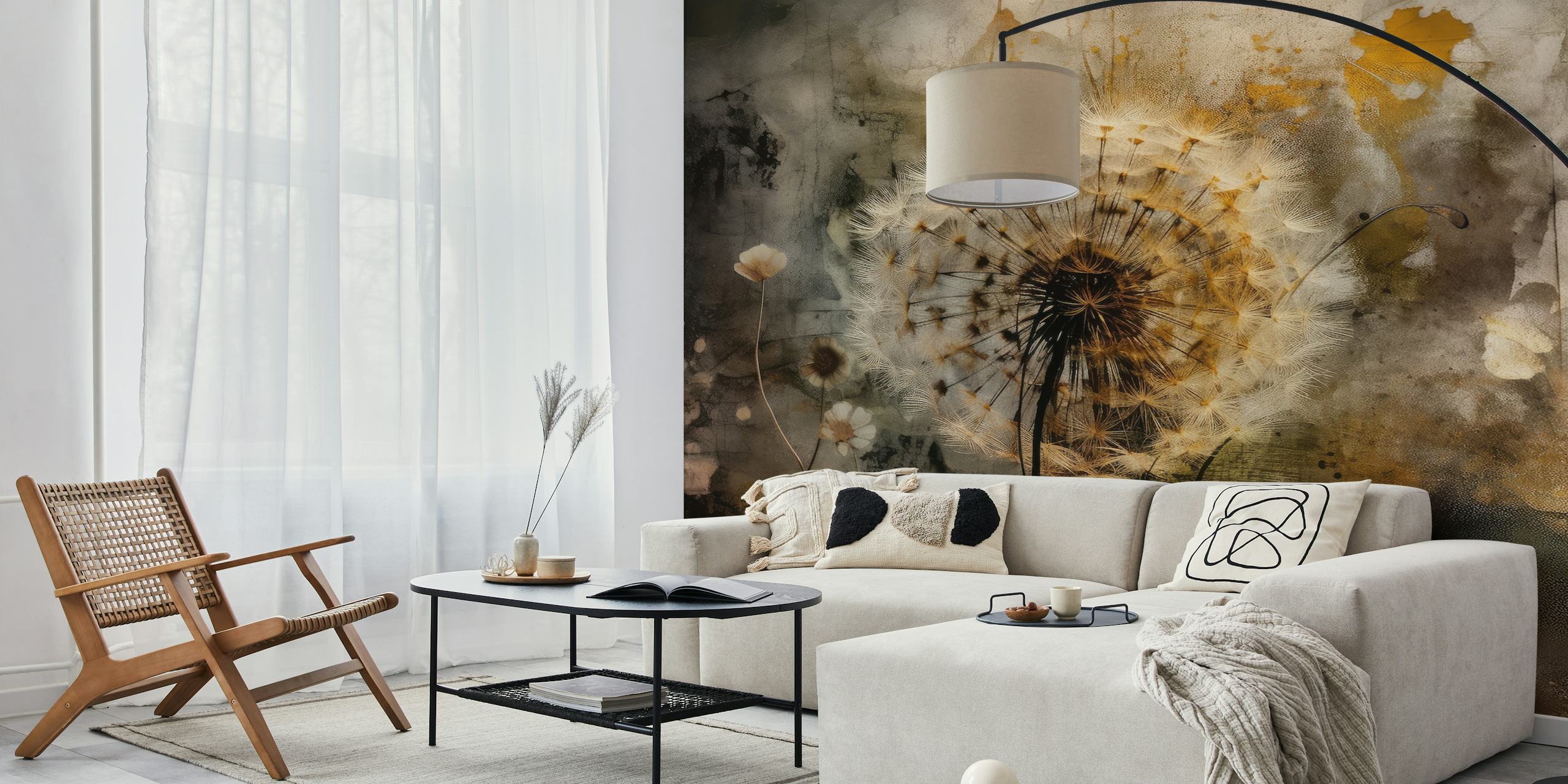 Dandelion floral design in earthy tones wallpaper