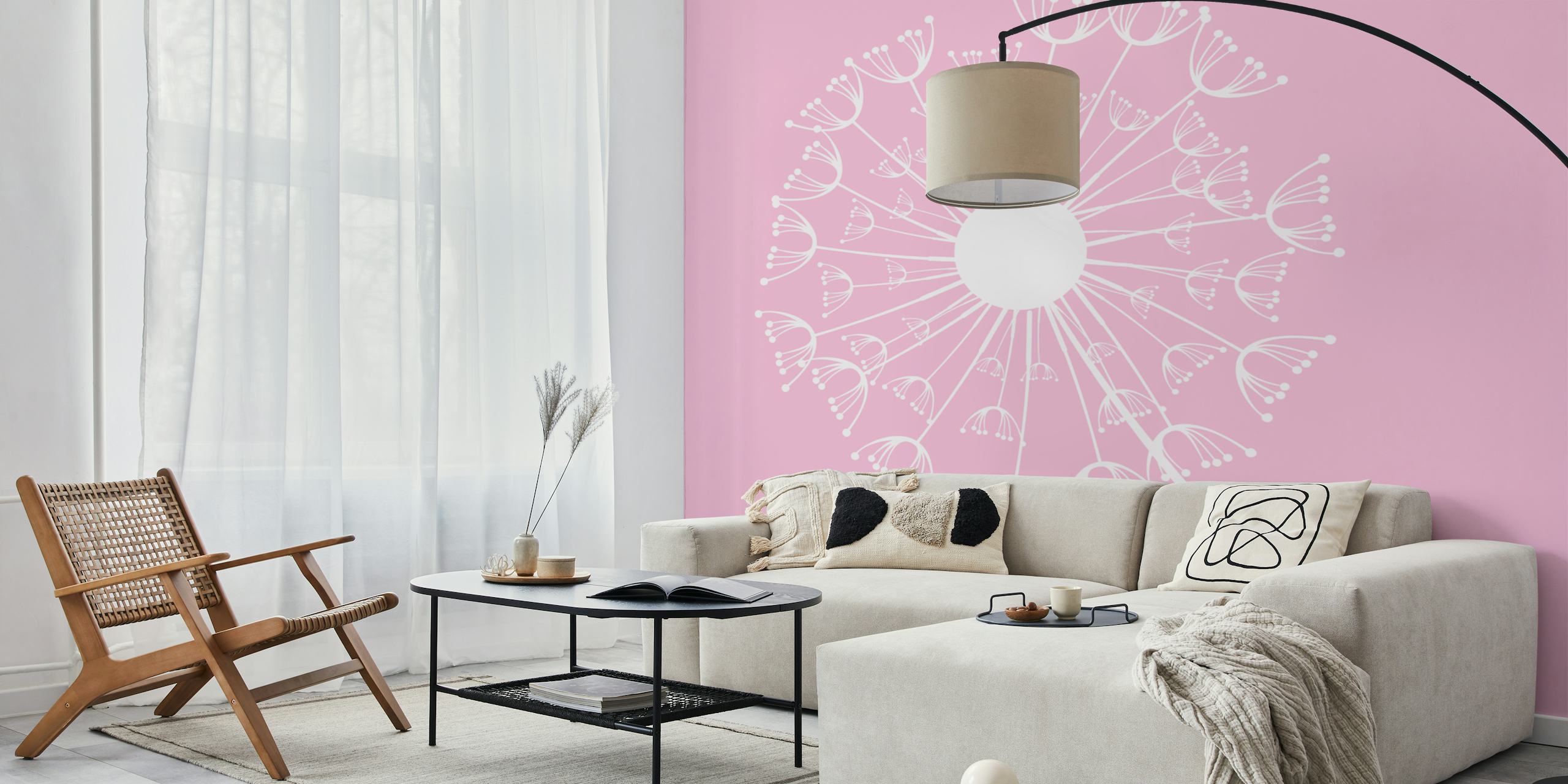 Papel tapiz Pastel Pink Dandelion Flower en una habitación