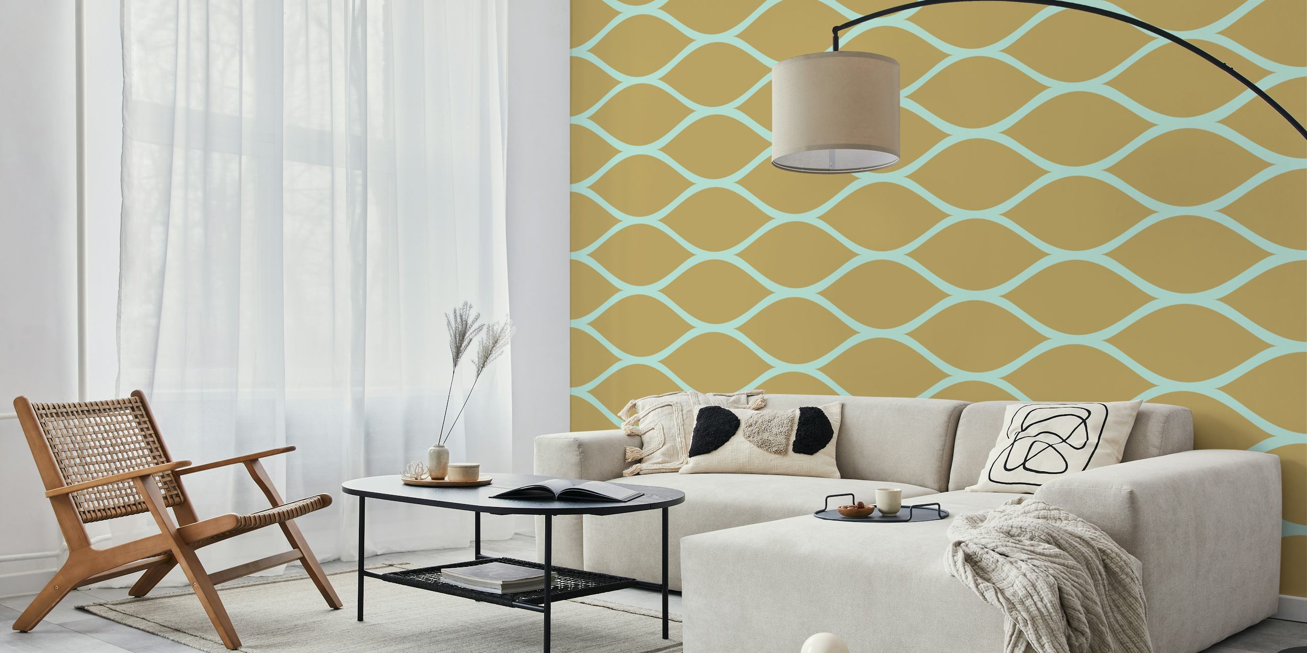 Mustard mint ogee pattern wallpaper with wavy shapes