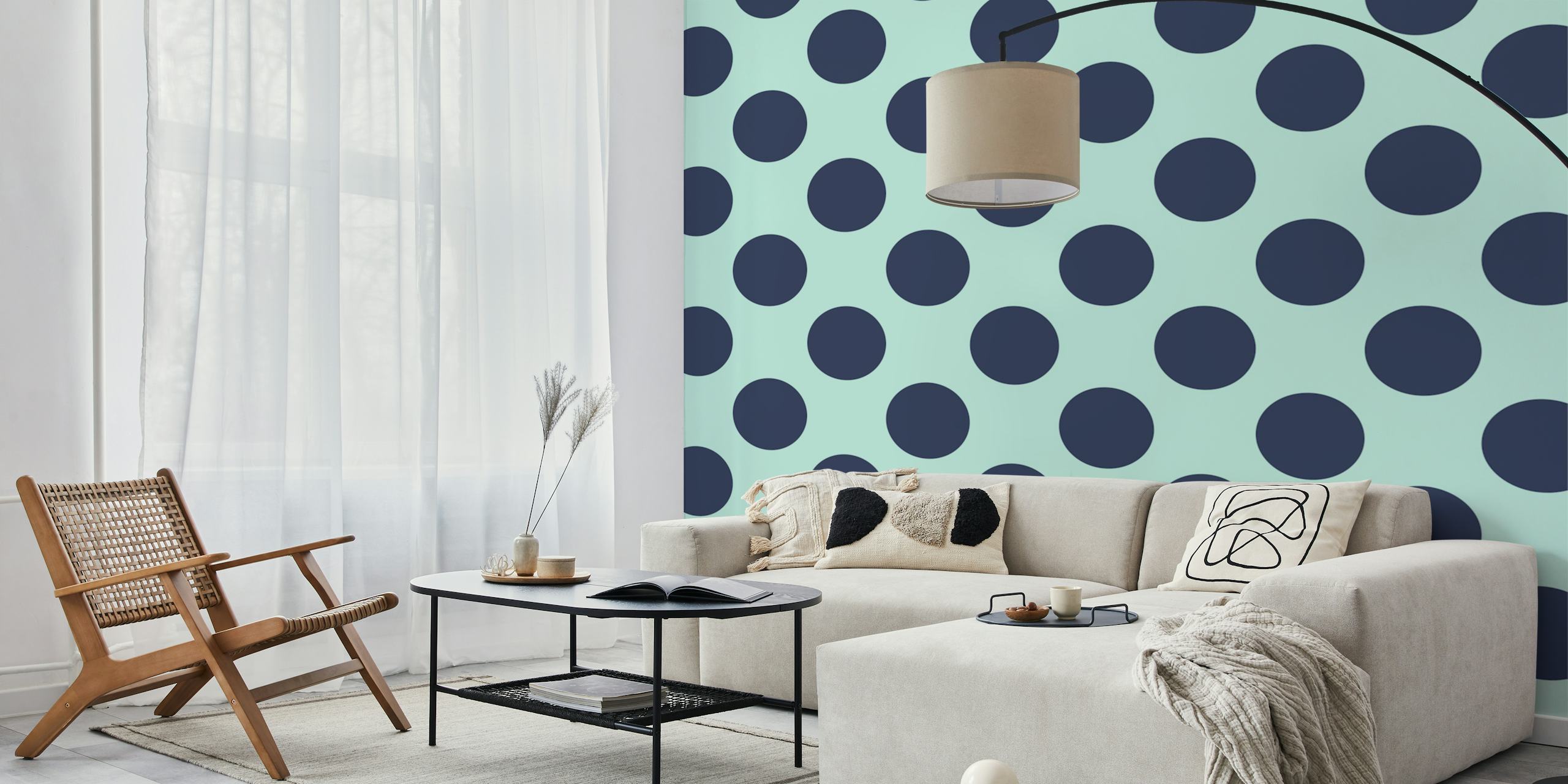 Mint Indigo Blue Polka Dots tapetti huoneessa