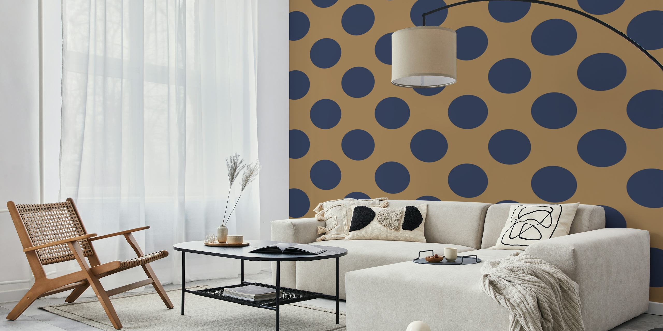Dark blue polka dots on mocha brown background wallpaper