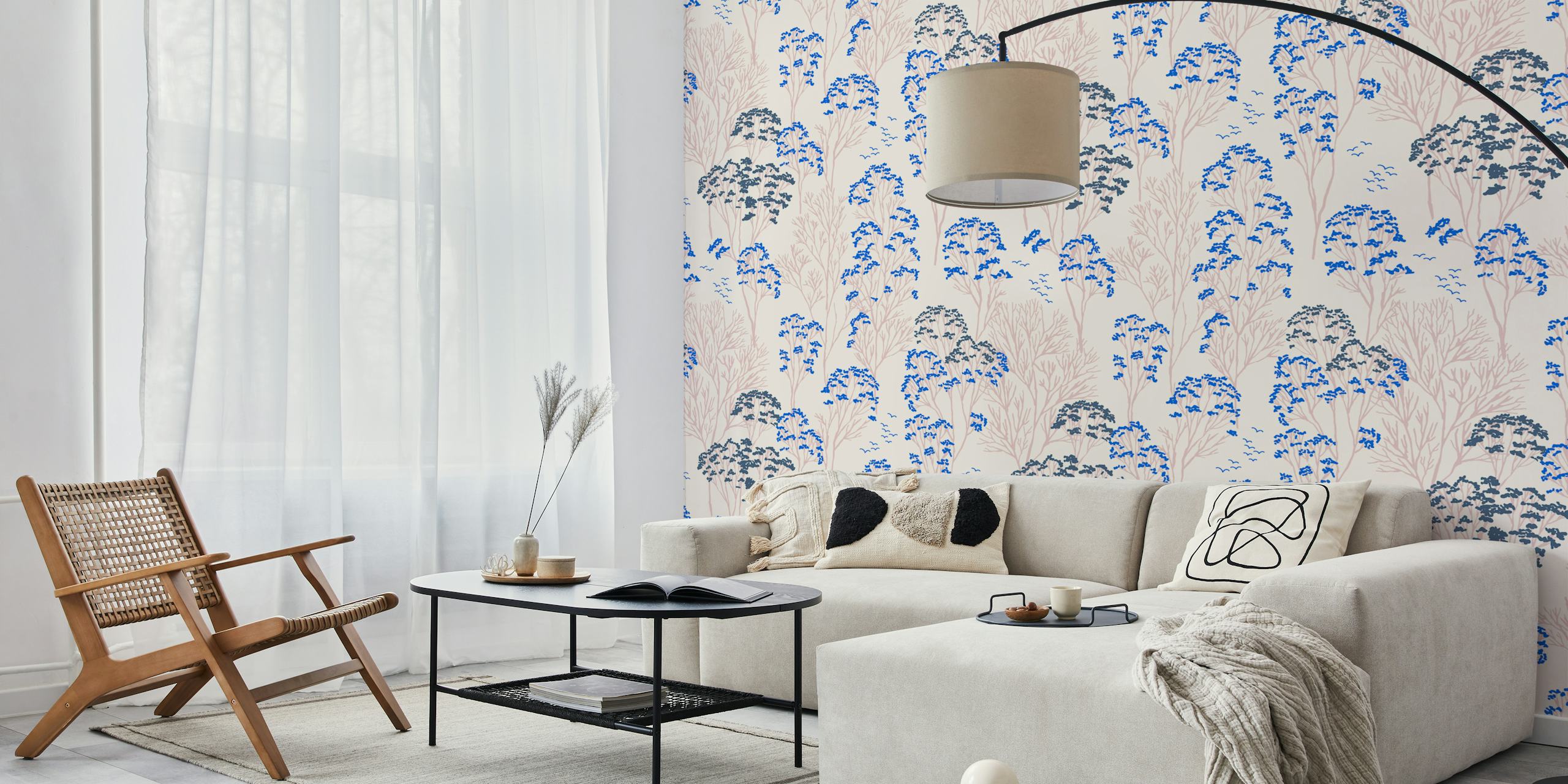 Blue floral pattern with calm trees on light background wallpaper