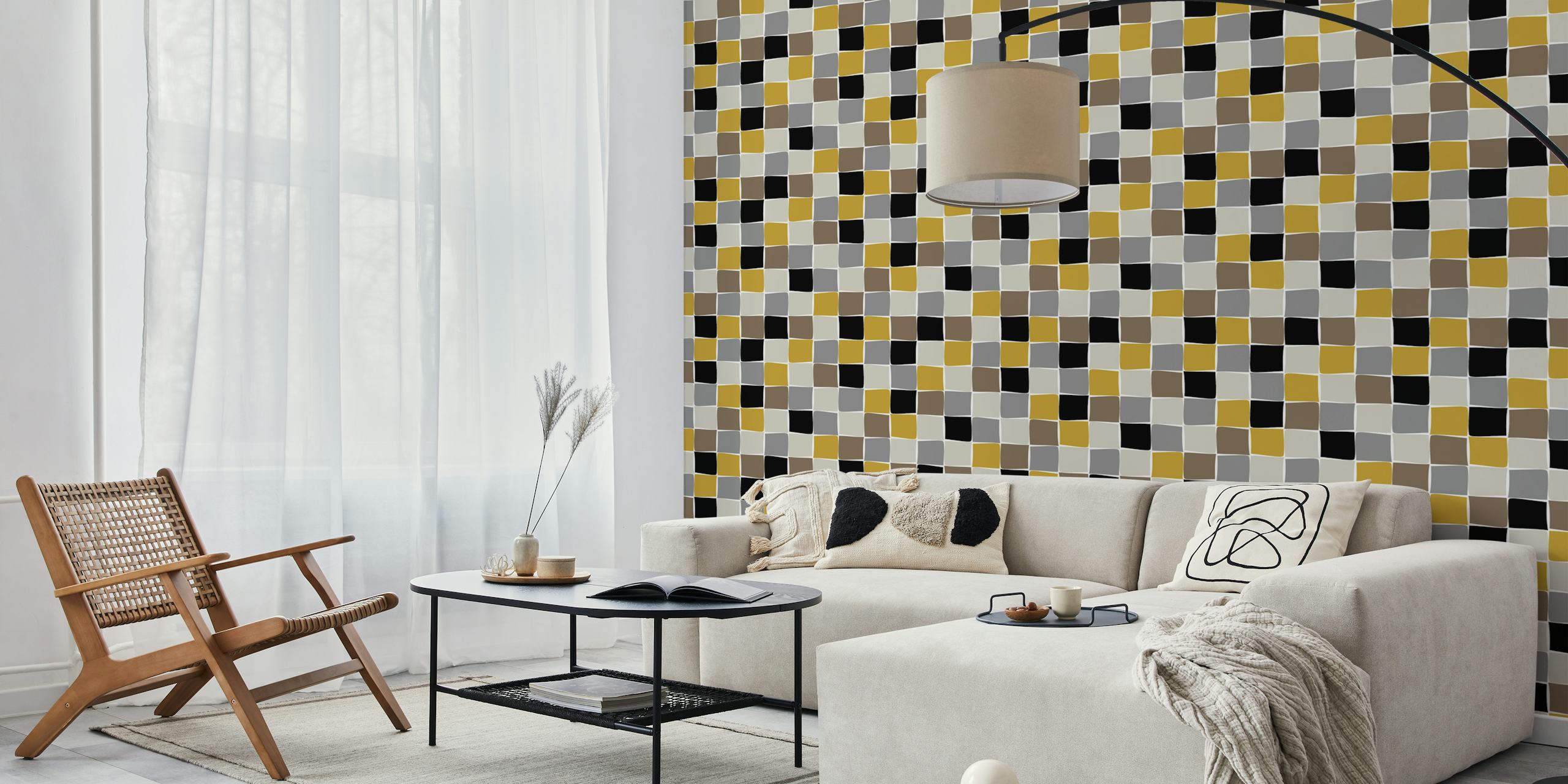Checkerboard pattern wallpaper in yellow, gray, and black colors