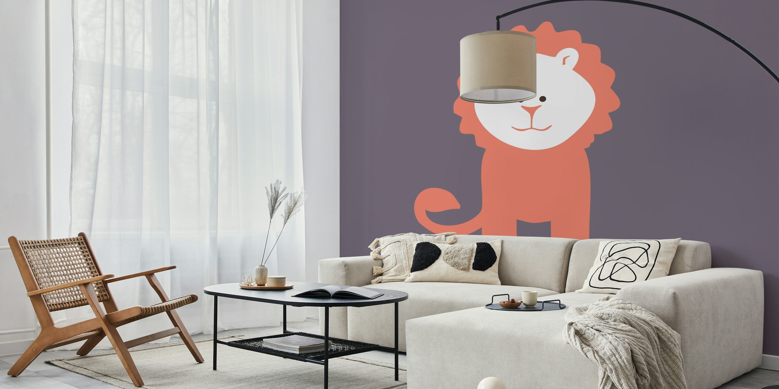 Stylized cartoon lion wall mural in plum, rust, and orange