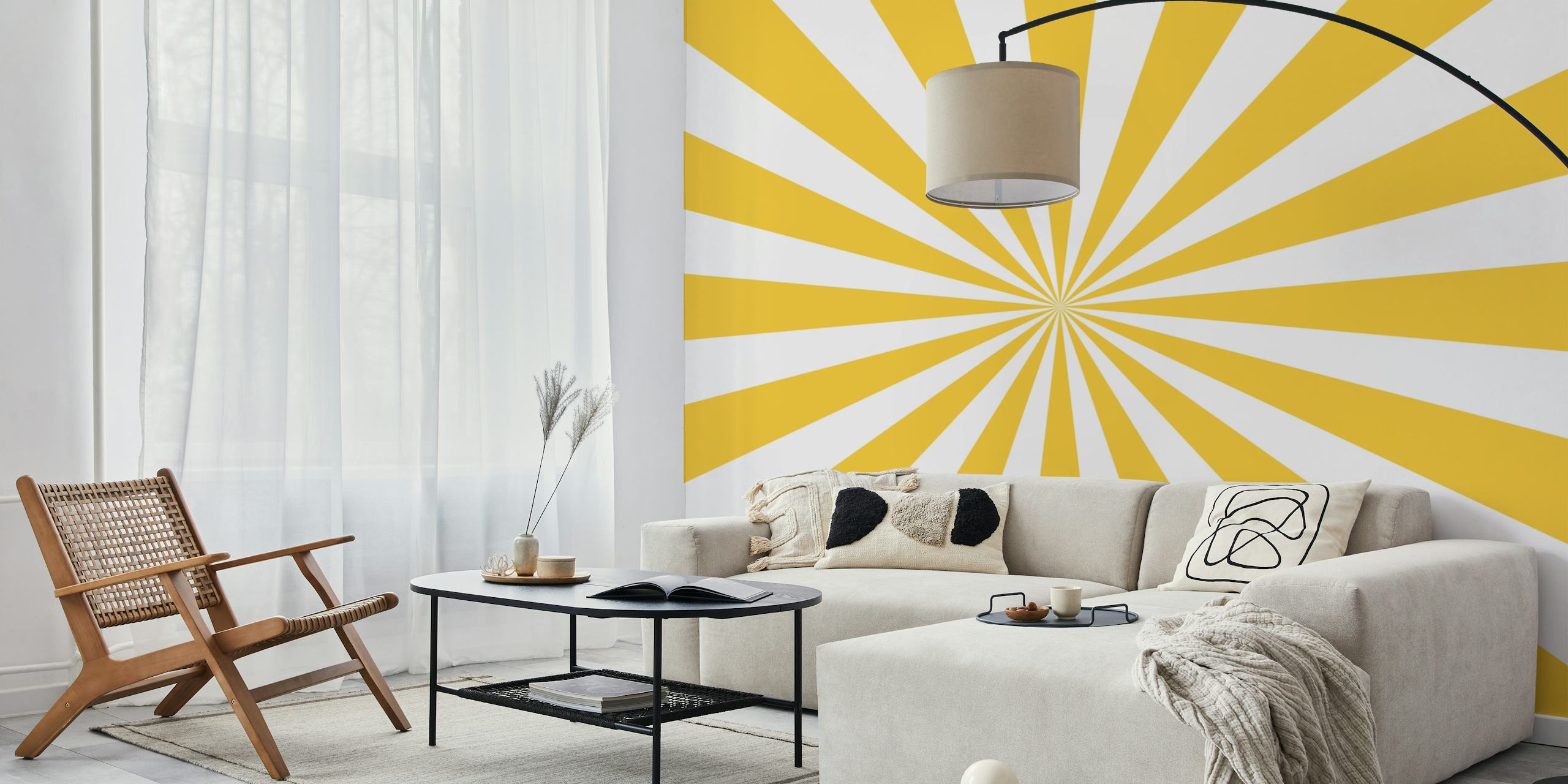 Yellow and white striped wallpaper in a sunburst design