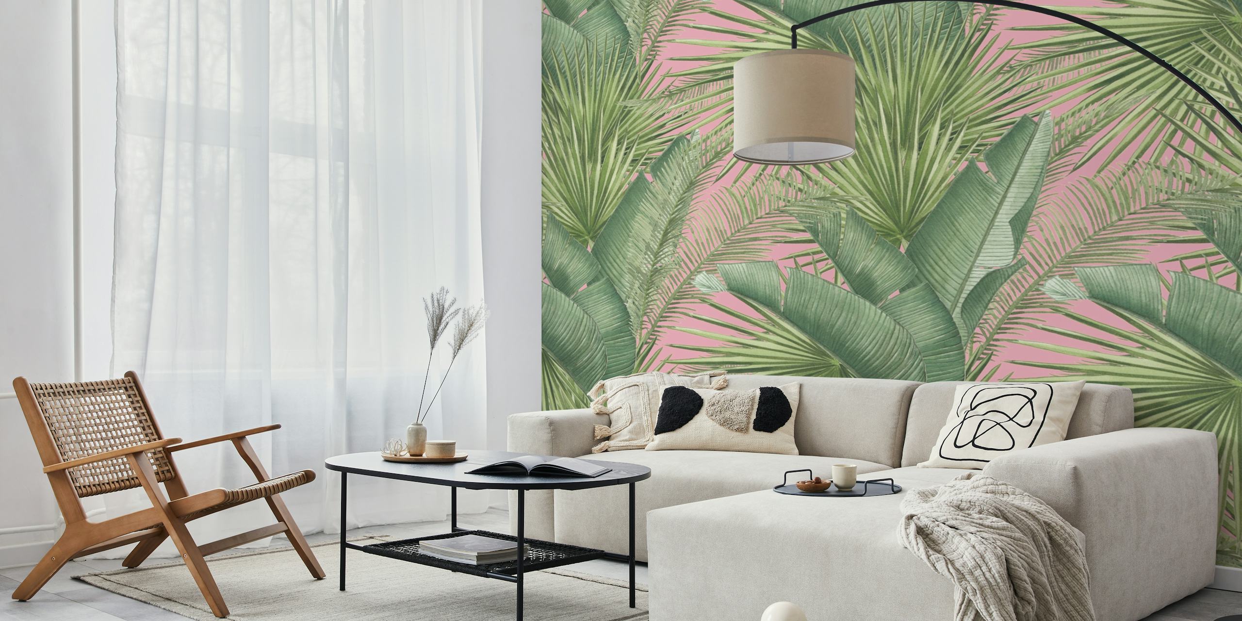 Pink and Green Botanical tapet i et rum