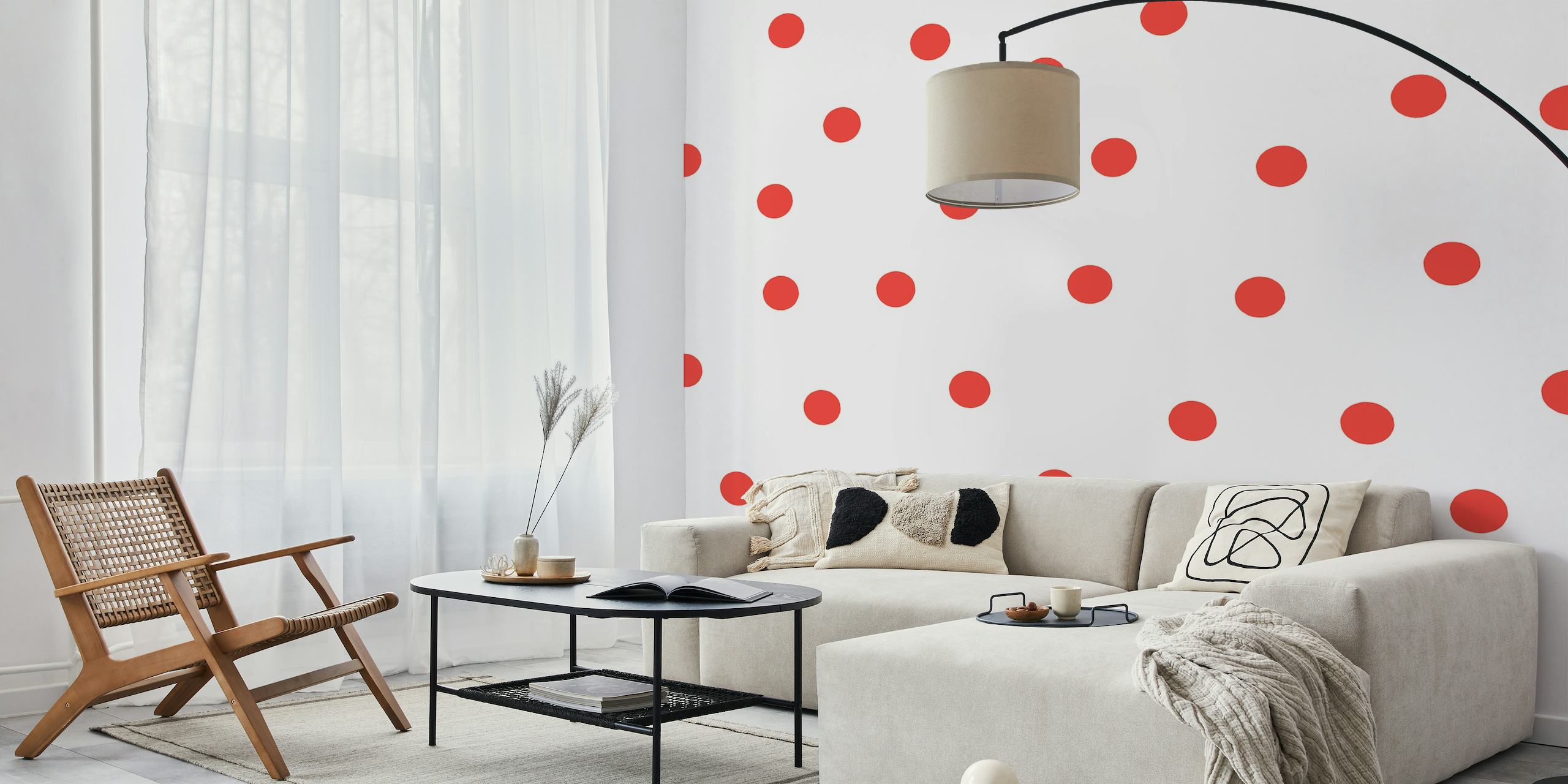 Red polka dots on white background wall mural