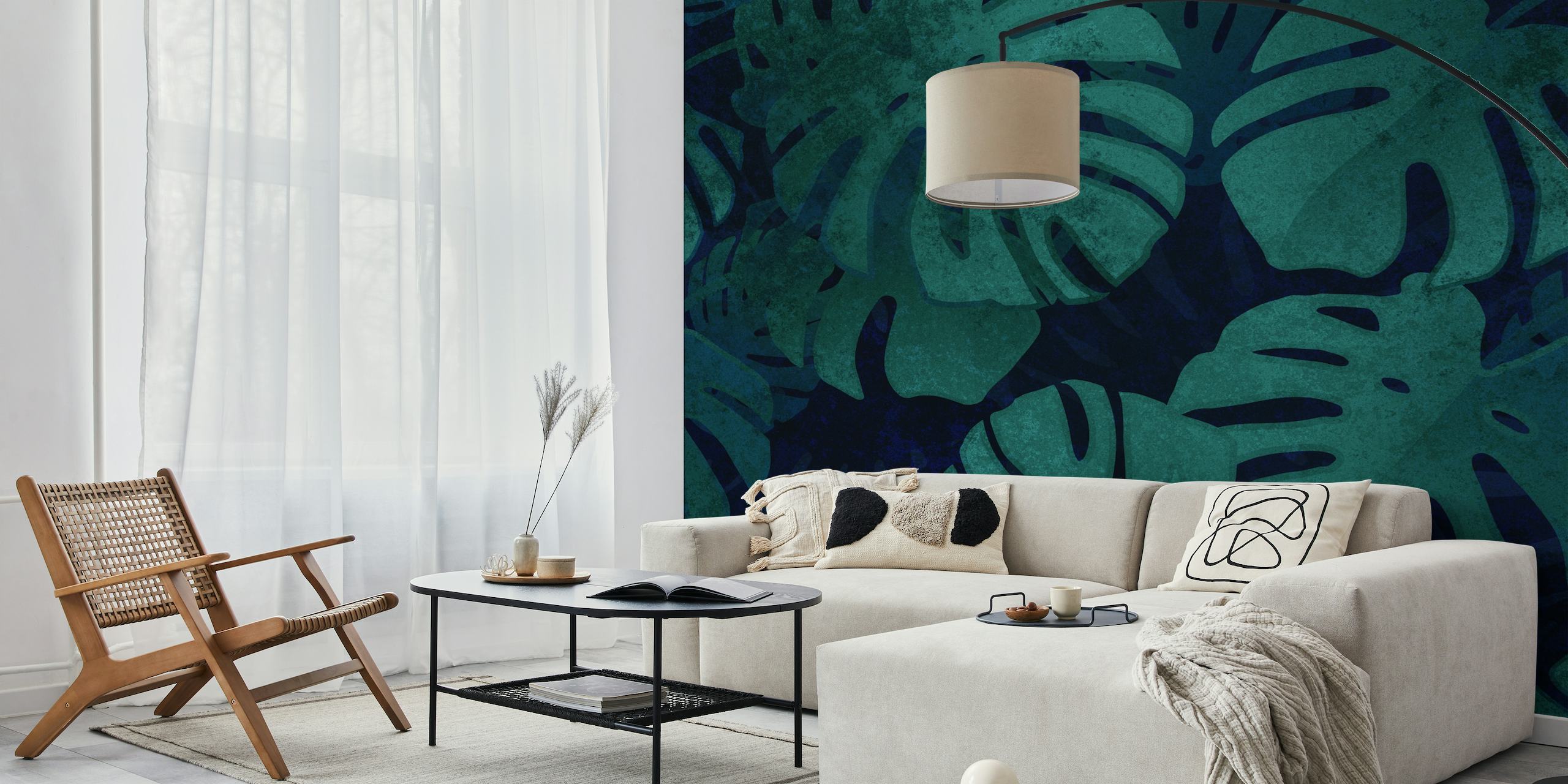 Tropical Monstera Leaf wall mural with rich green shades and shadow effects