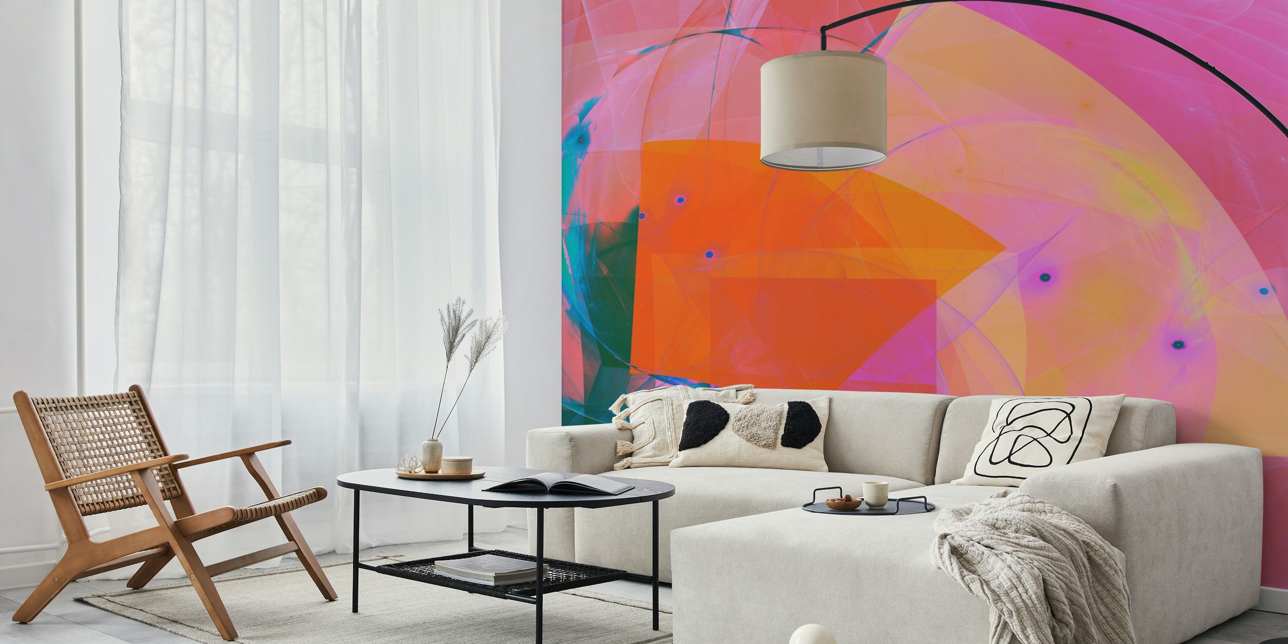 Colorful abstract shapes in pink, orange, and blue wallpaper