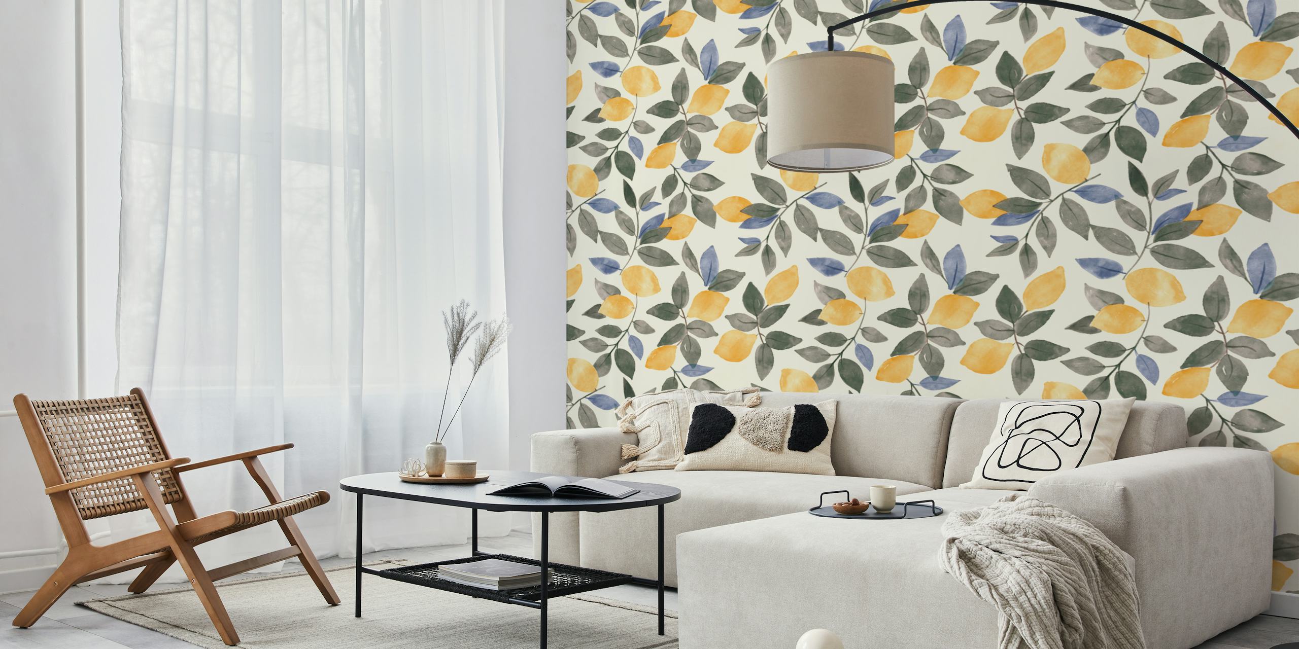 Vintage lemon and leaf pattern in yellow and green wallpaper