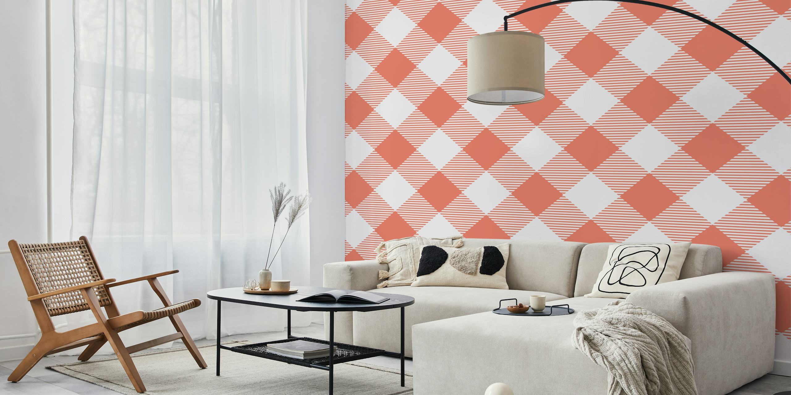Coral orange and white gingham pattern wall mural