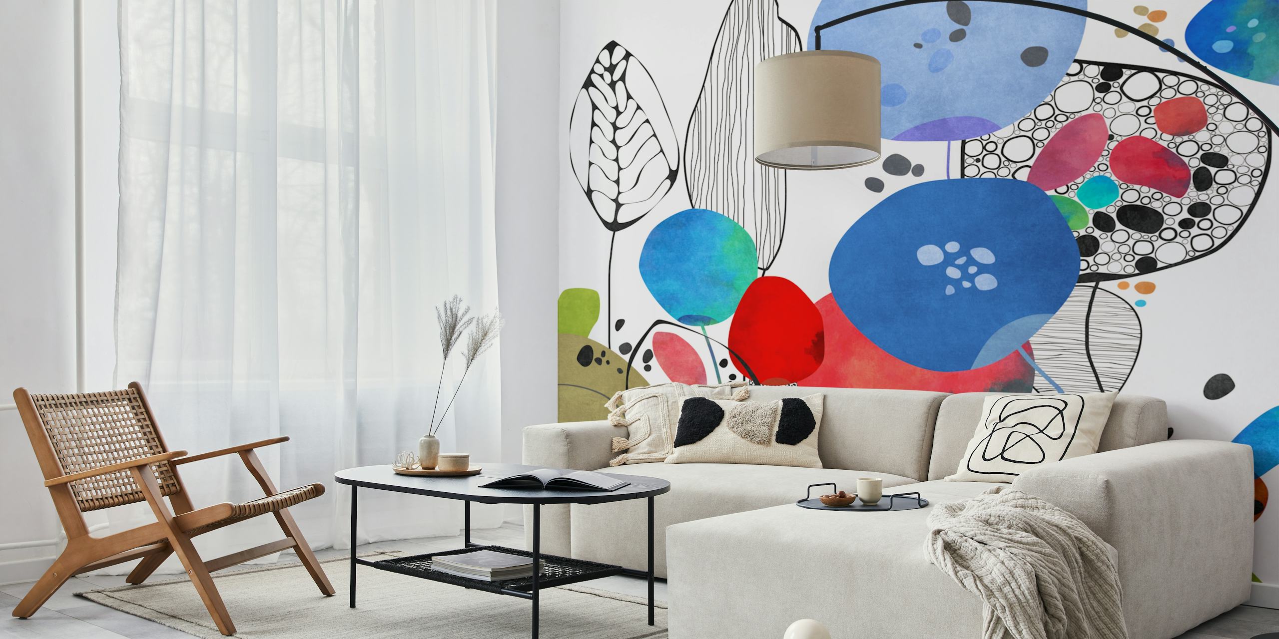 Colorful floral motifs with blue, red, green, and black lines wallpaper