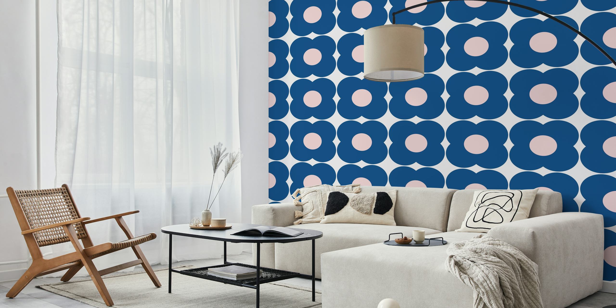 Retro Blue Geometric Flowers wallpaper in a room