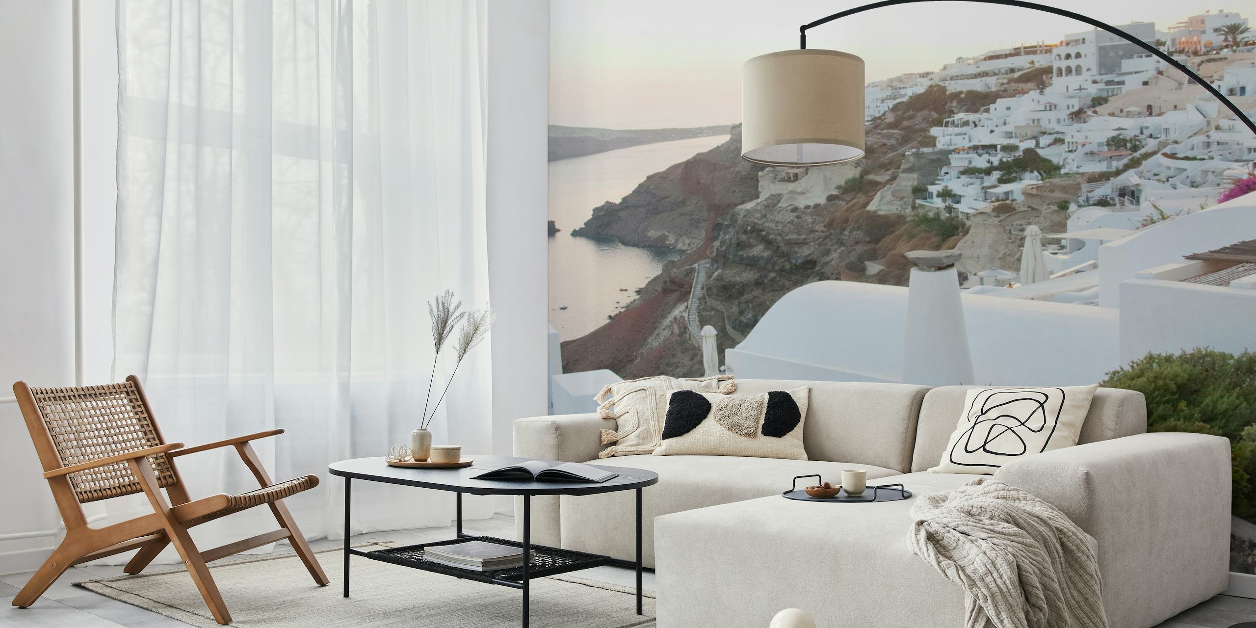 Santorini fotobehang met witte architectuur en zonsondergang