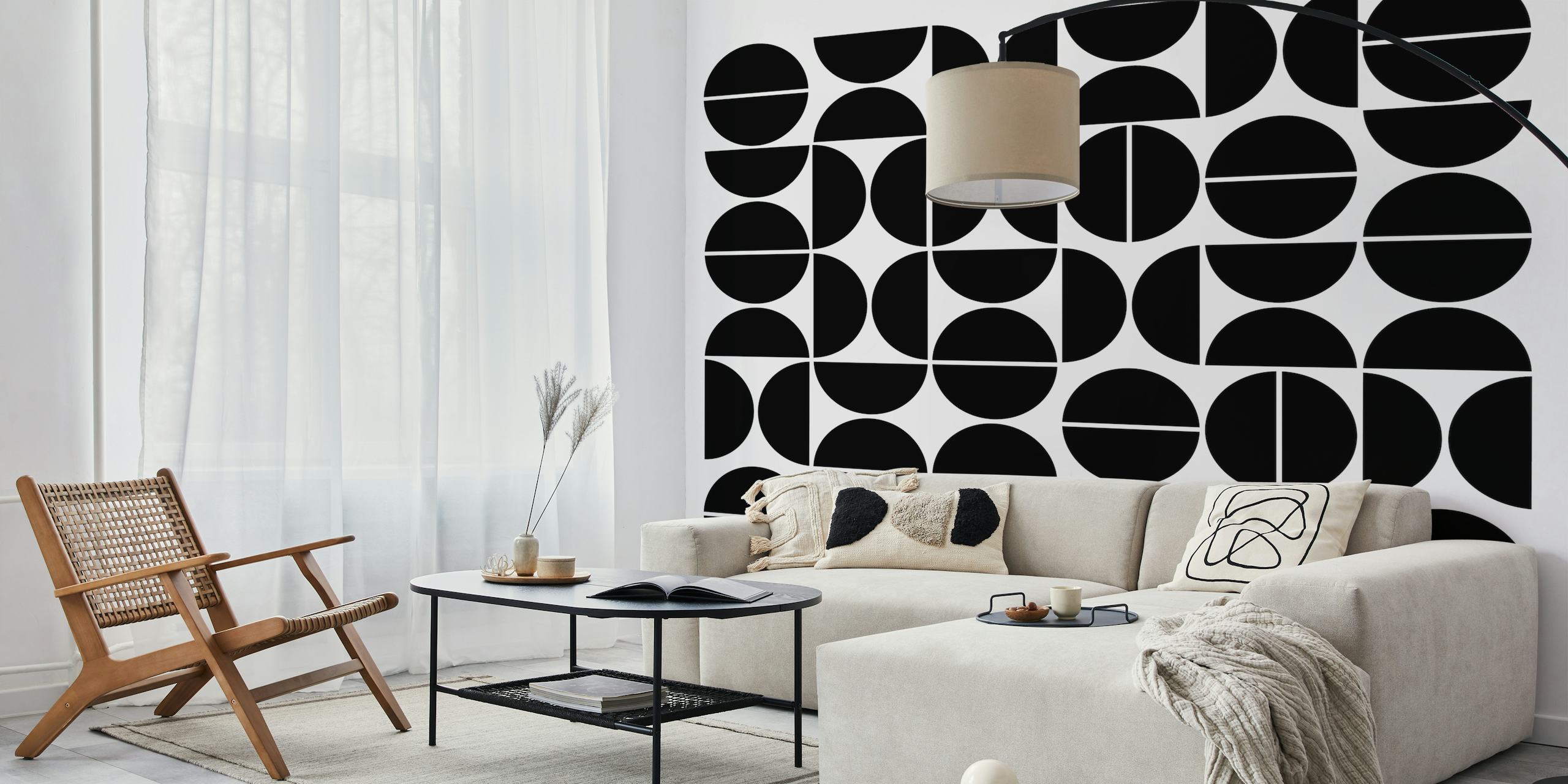Black and white geometric pattern featuring circles and semi-circles wallpaper