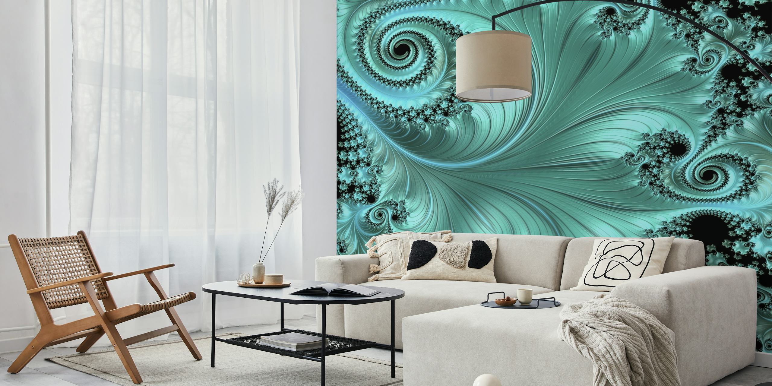 Turquoise swirling fractal pattern on black background wallpaper