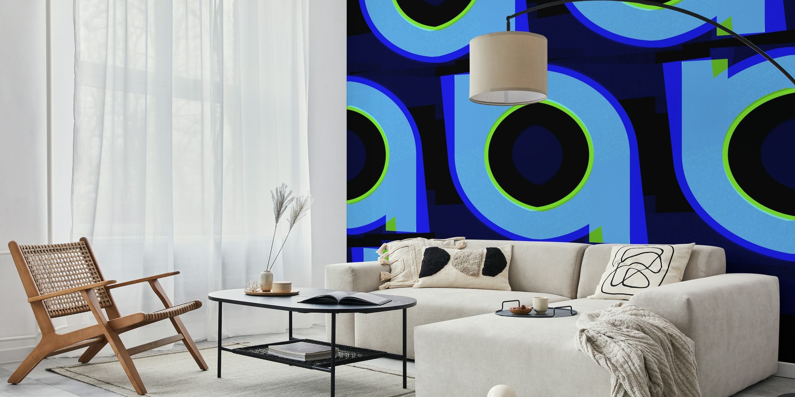 Seventies retro-inspired wall mural with geometric shapes in blue tones