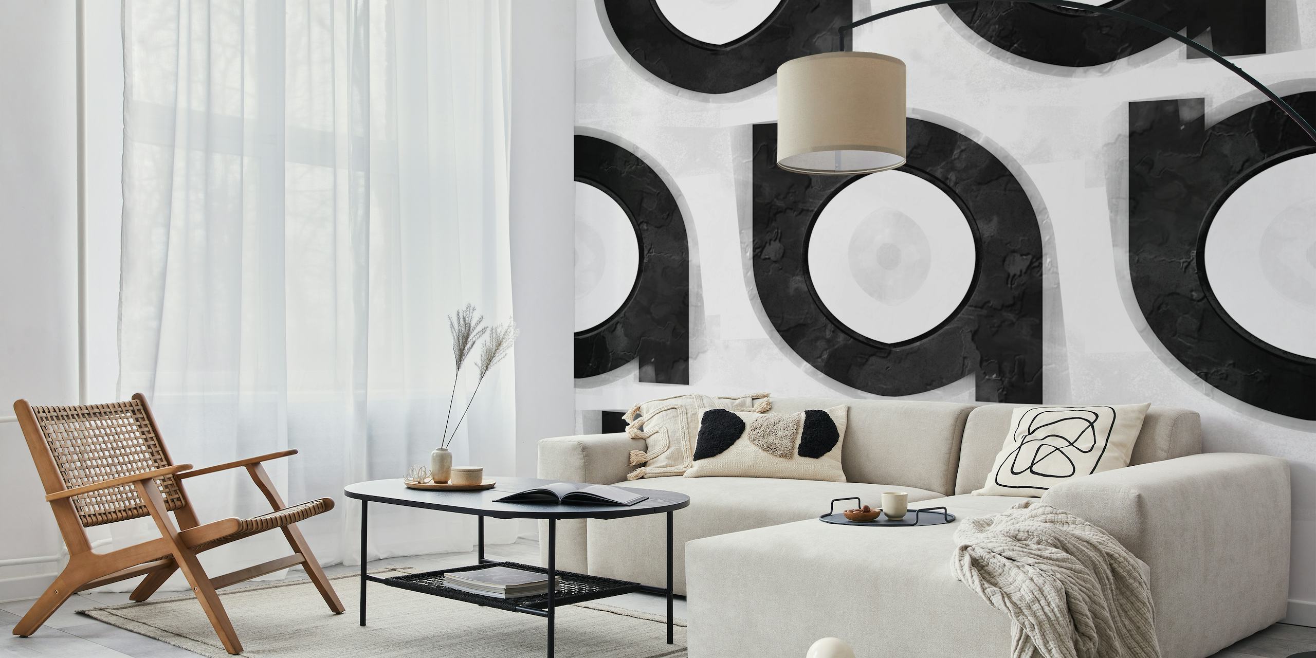 Black and white mid-century style geometric pattern wall mural