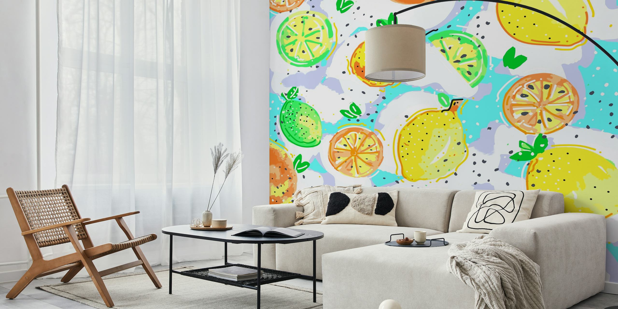 Farverige citrusfrugtillustrationer på en aqua-baggrund i 'Lemon Crush Original'-vægmaleri