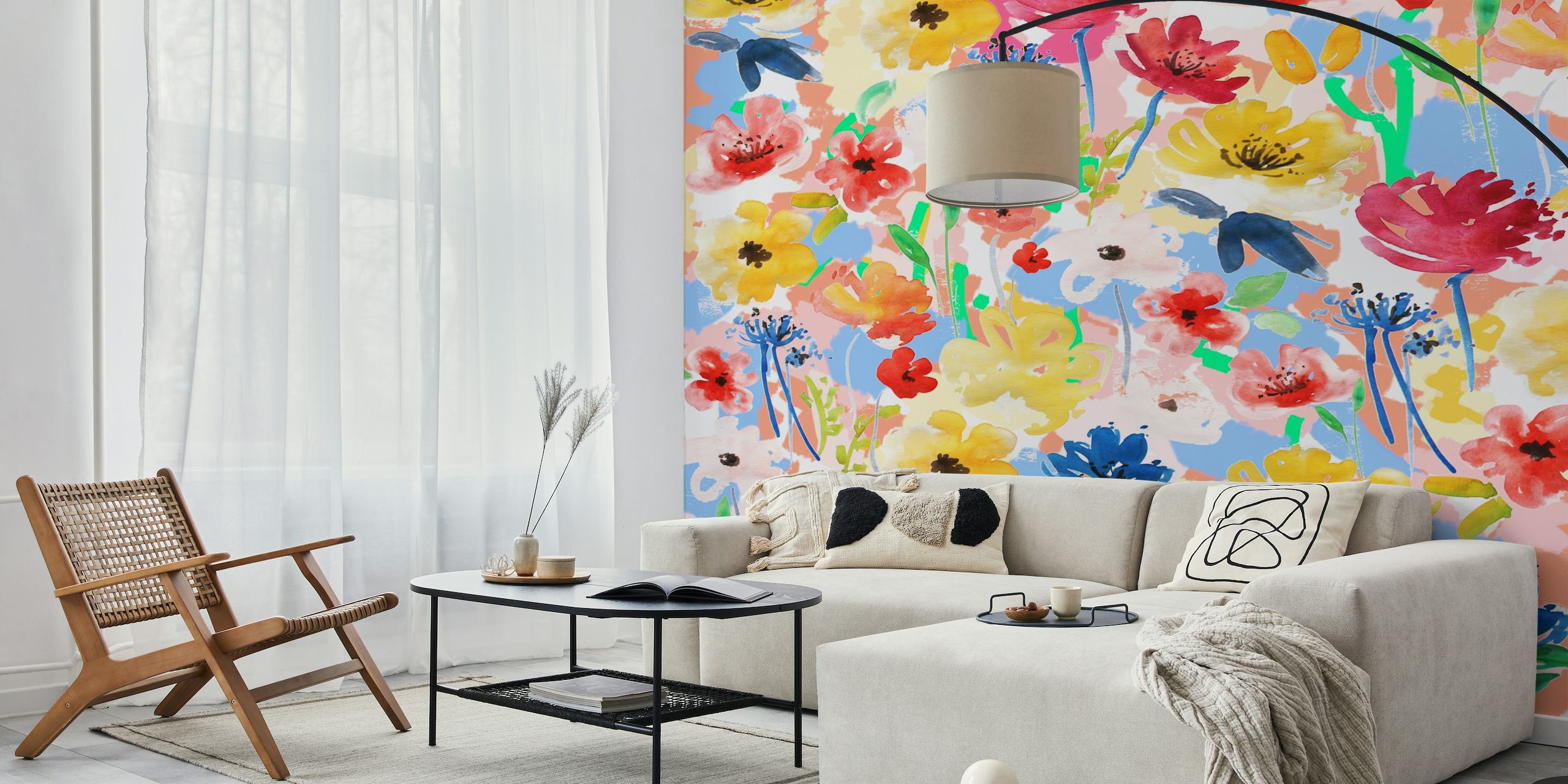 Farverigt akvarel, blomsterhavevægmaleri med en række livlige blomster
