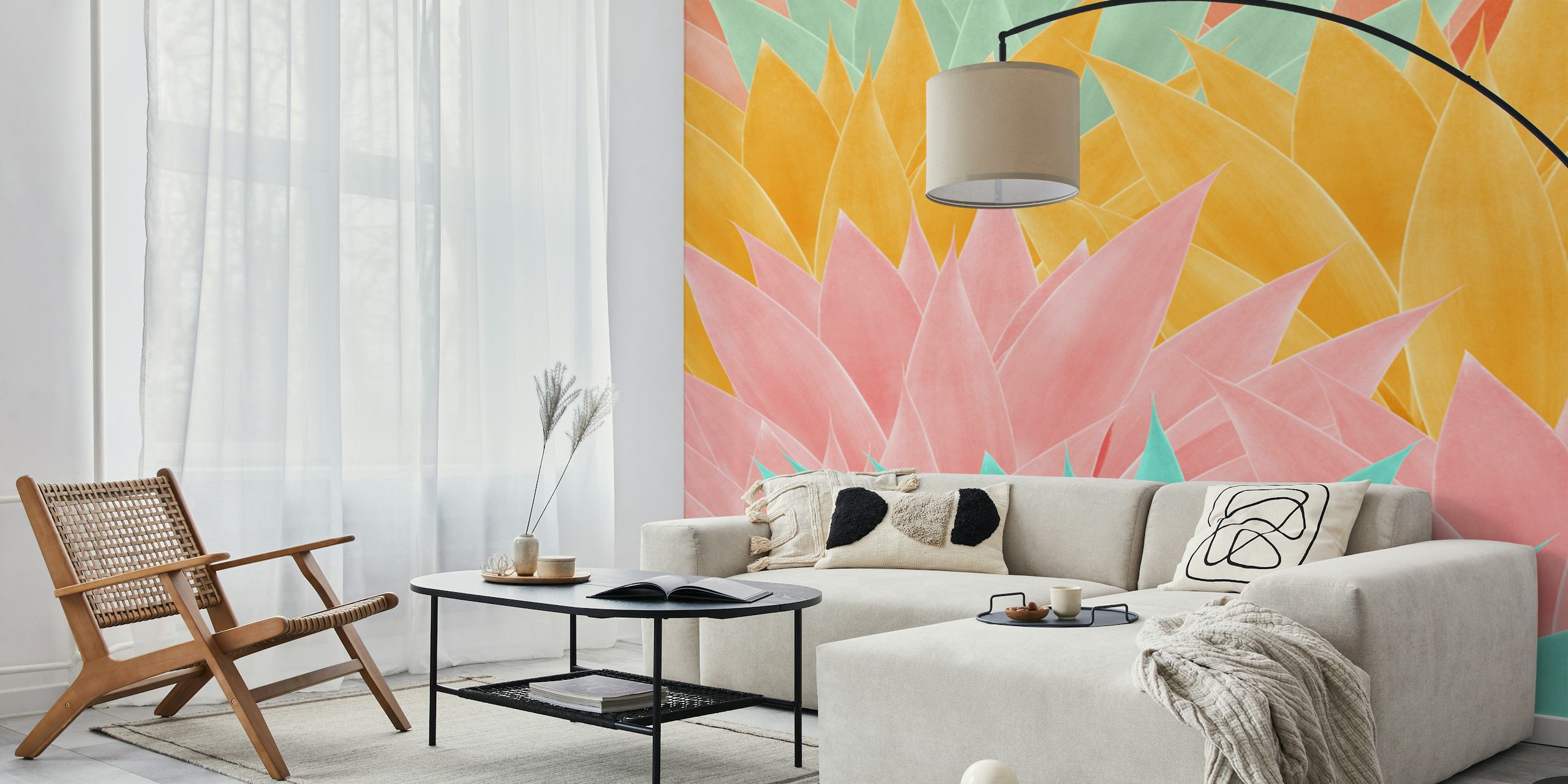 Colorful agave leaf pattern wall mural in shades of pink, yellow, and aqua for contemporary interior design.