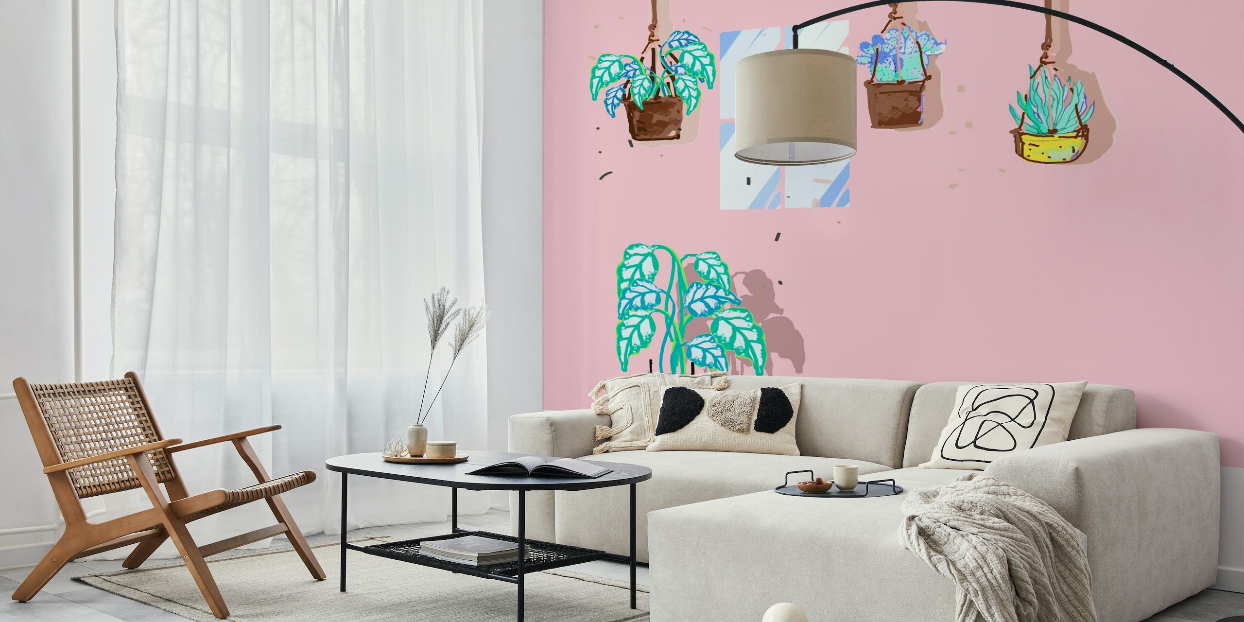 Met de hand getekende kamerplanten in potten muurschildering op een roze achtergrond