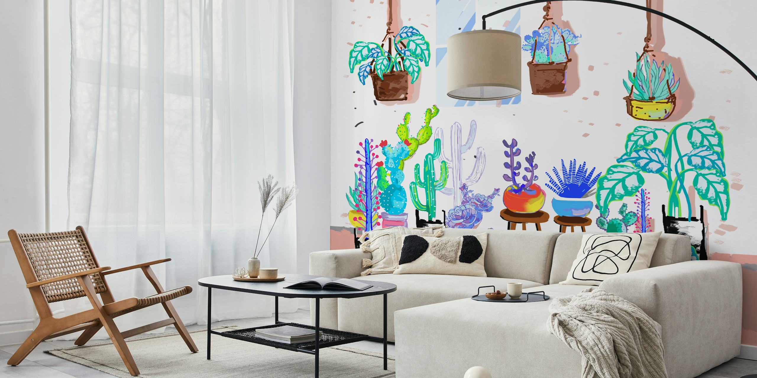 Illustrated house plants wall mural with various indoor greenery