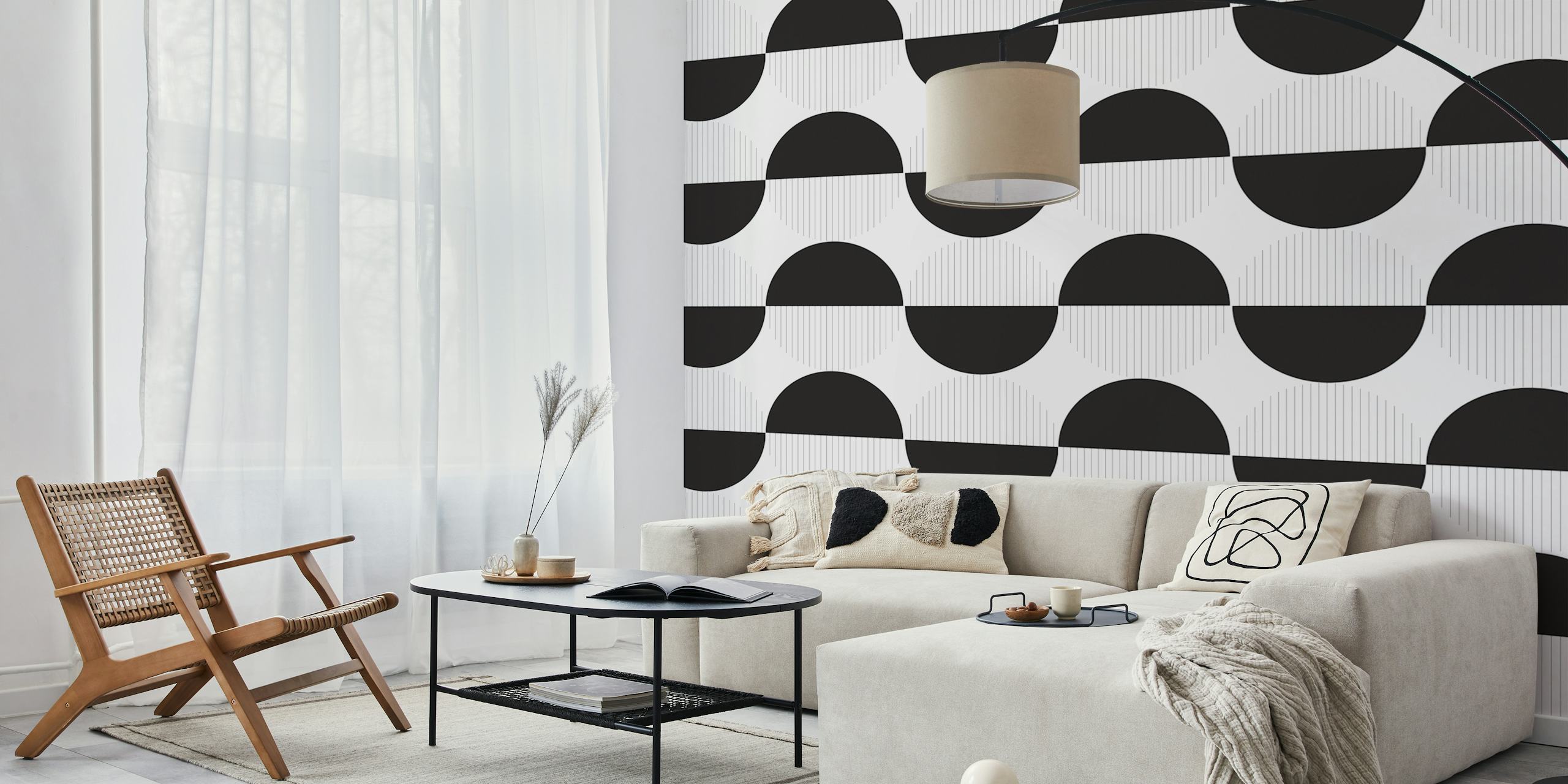 Monochromatic vintage pattern wall mural with curving lines