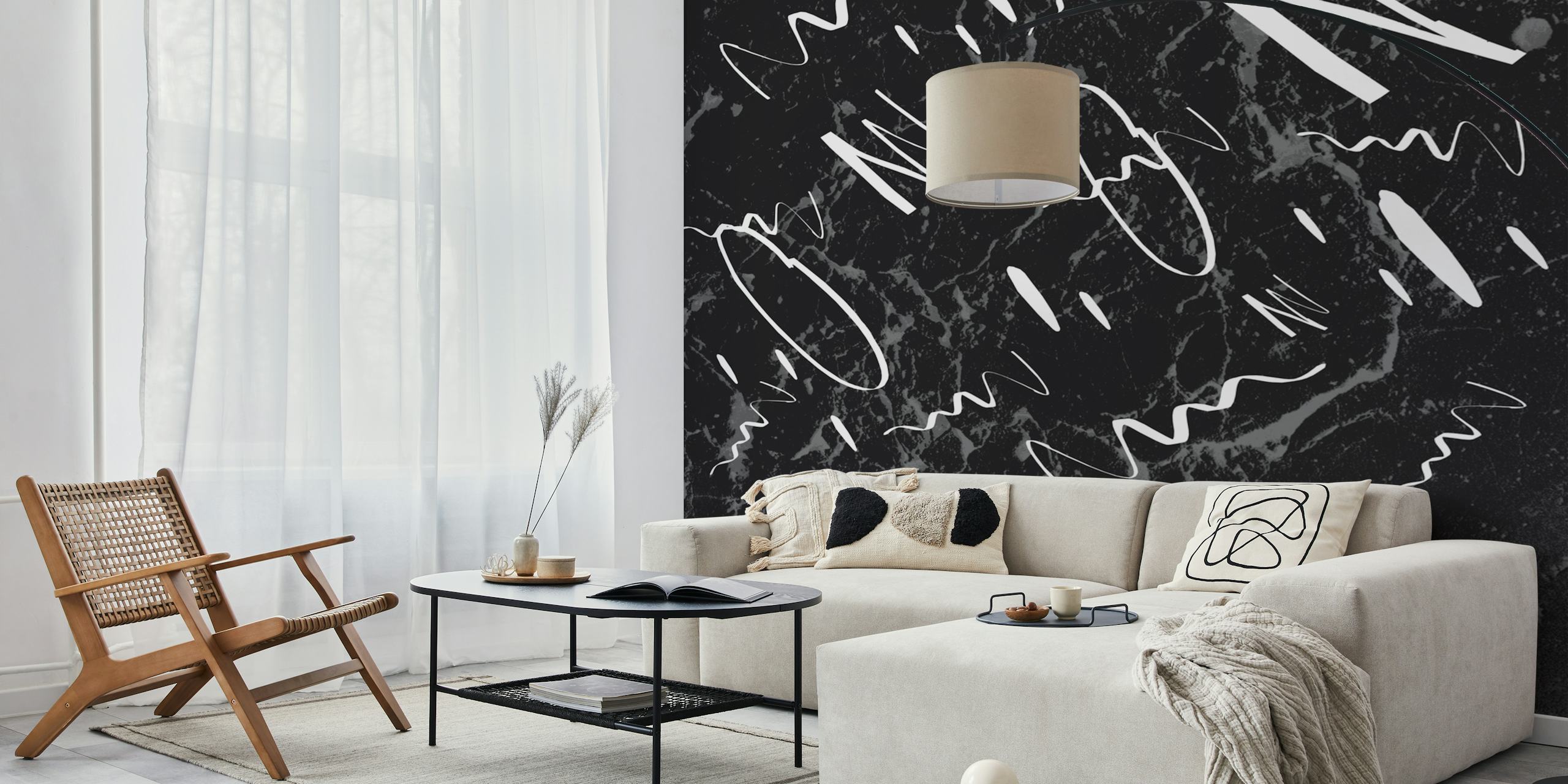Black marble wallpaper with abstract white designs