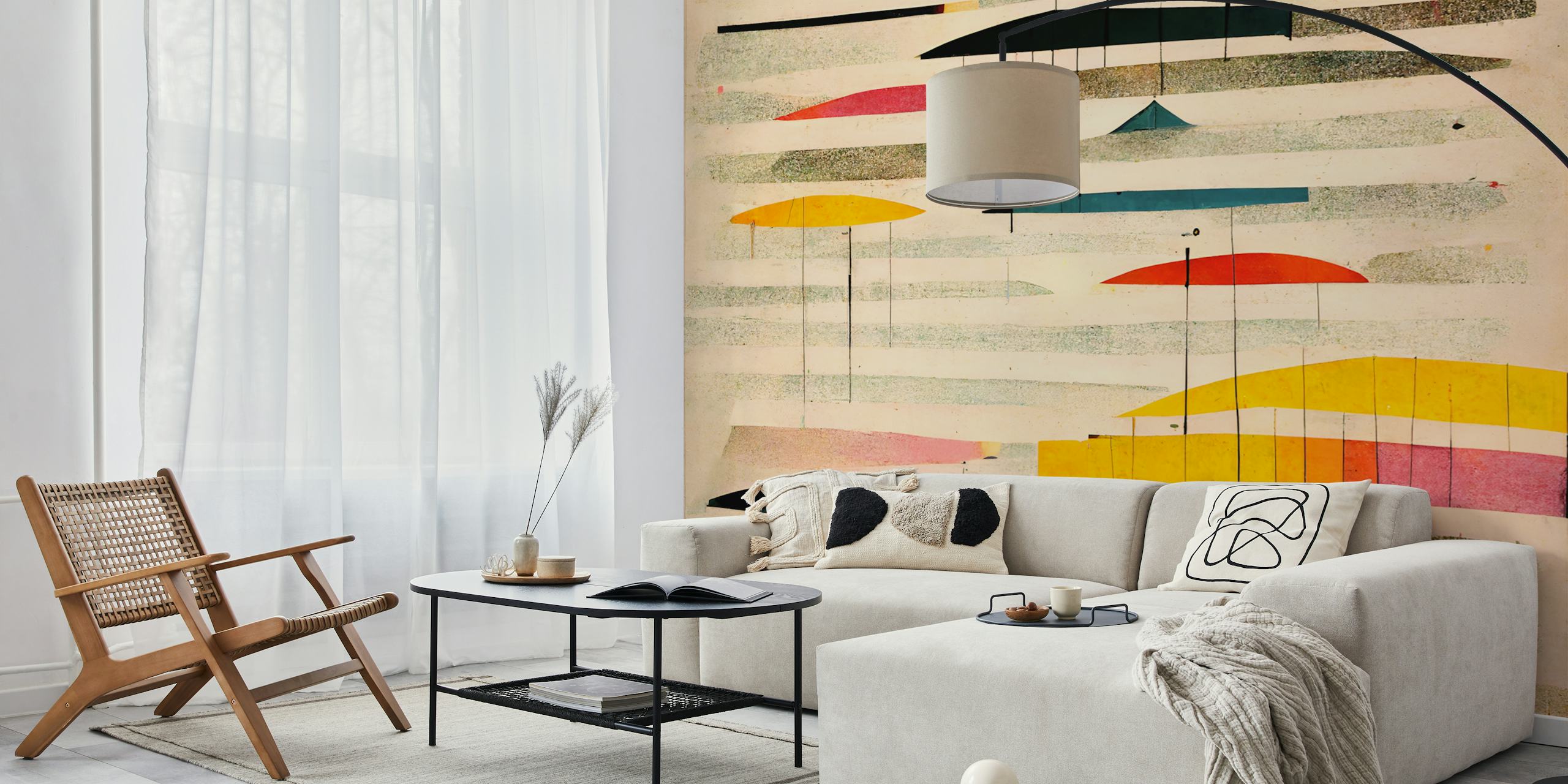 Colorful geometric shapes in pink, yellow, blue, and black wallpaper