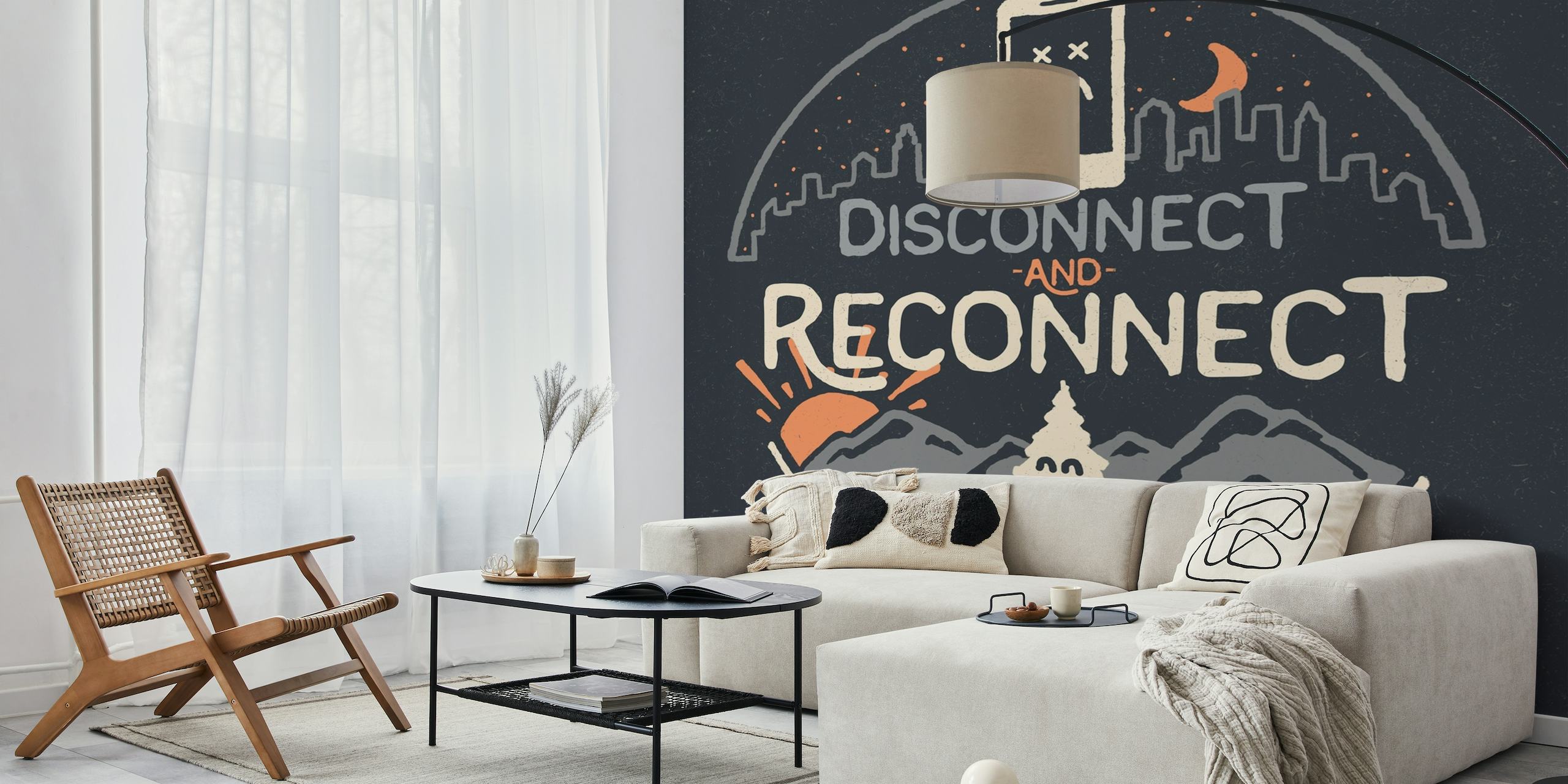 Reconnect wall mural featuring mountains, trees, and a moon, symbolizing a digital detox and return to nature.