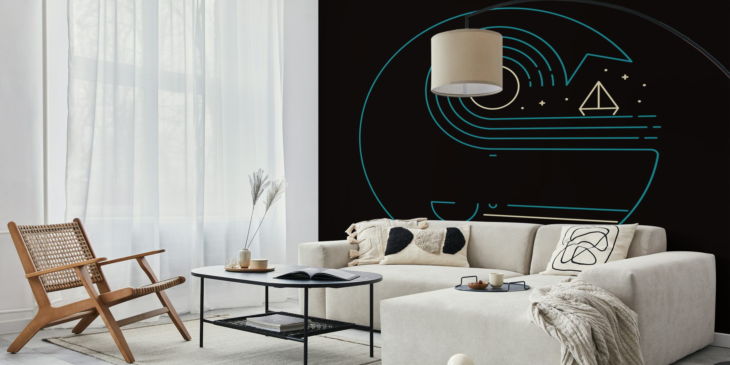 Stylized moon and nature wall mural for modern decor