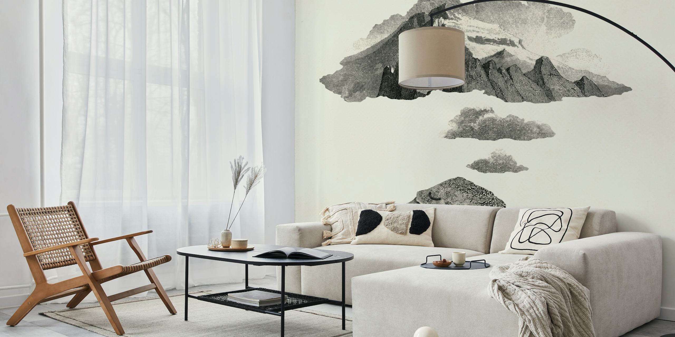 Greyscale mountain range and floating boulder wall mural design