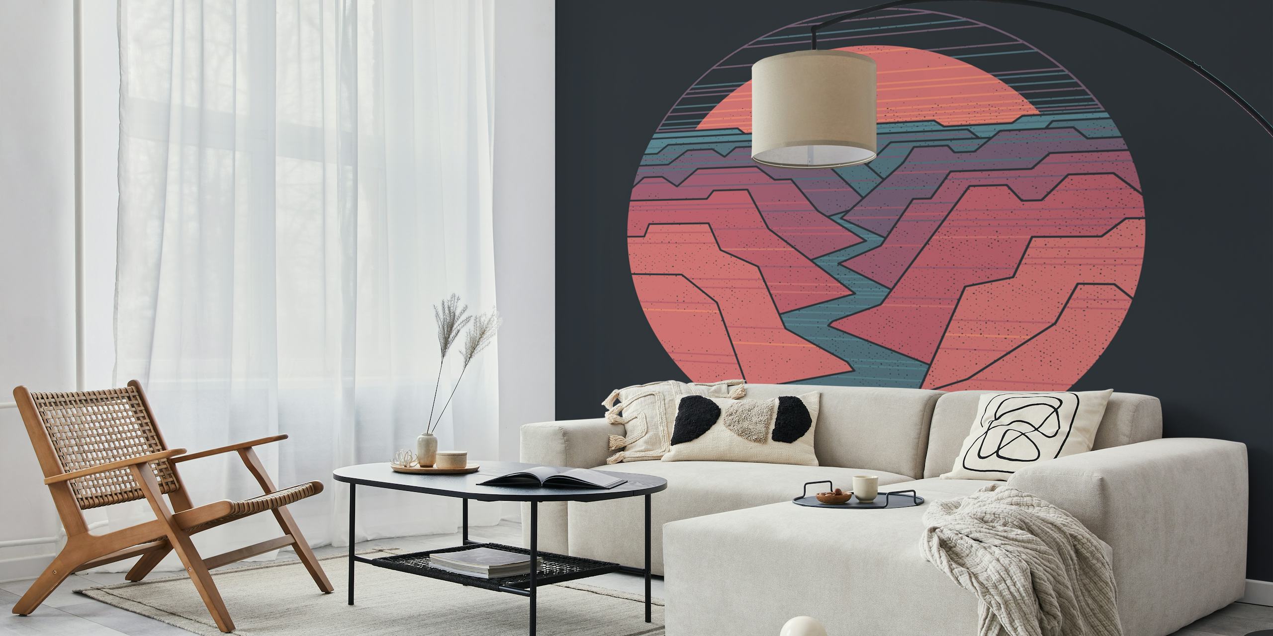 Canyon River artwork featuring pastel layered mountains and a river wall mural