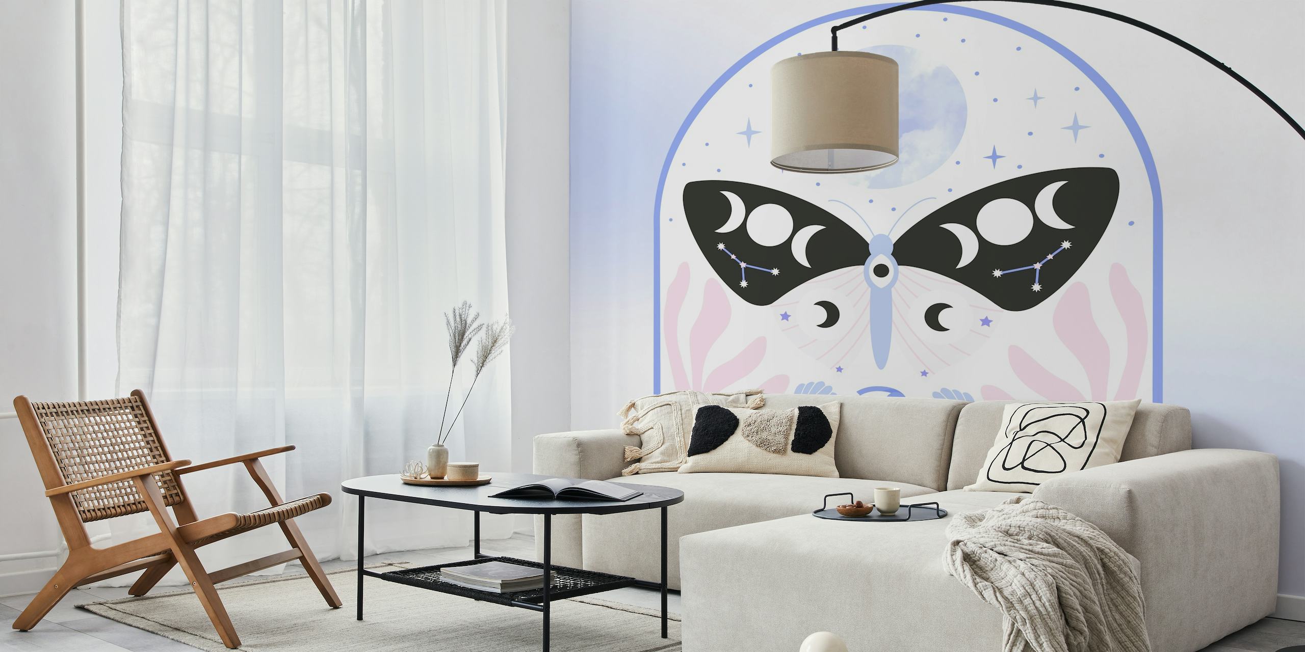 Cancer zodiac sign wall mural featuring butterflies with constellation patterns and moon illustration