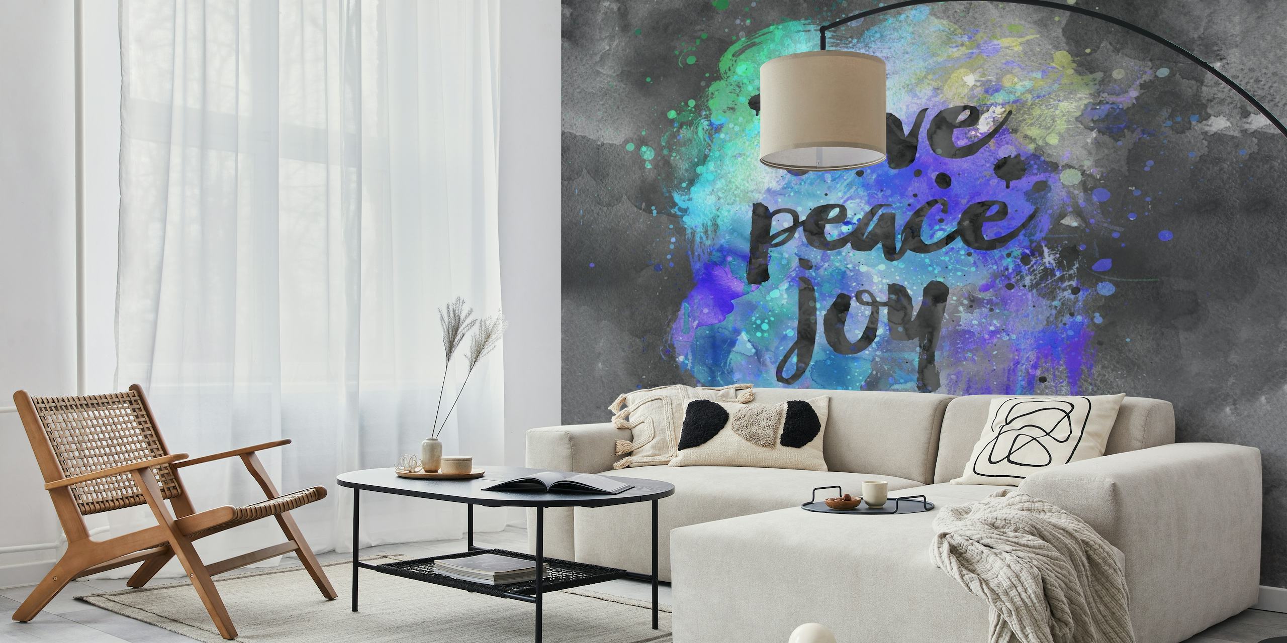 Apstraktna ljubav mir radost kaligrafski zidni mural s akvarel pozadinom