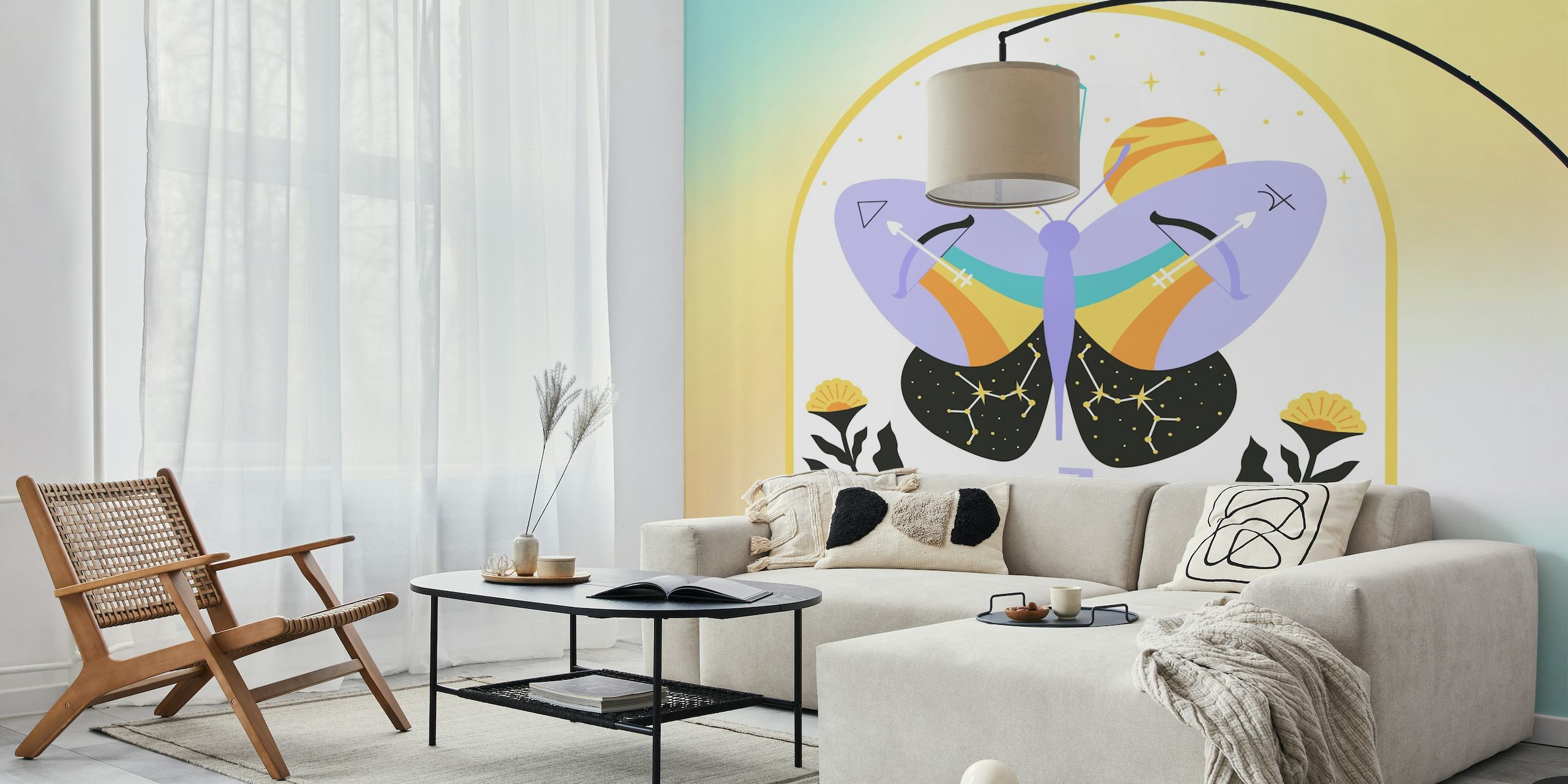 Zodiac Butterflies Boogschutter fotobehang met gestileerde vlinder en astrologische symbolen