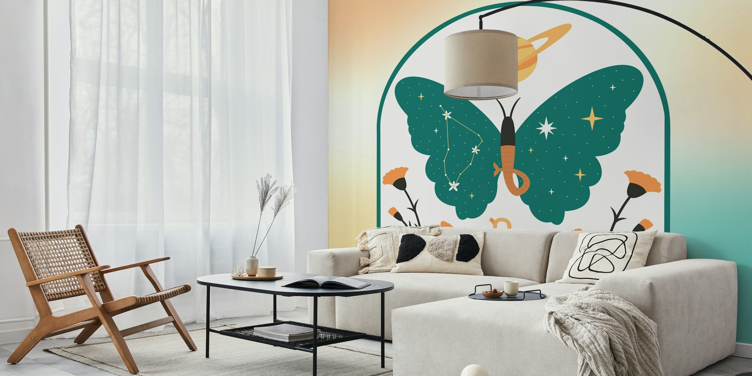 Capricorn zodiac sign as a butterfly wall mural with celestial and floral motifs