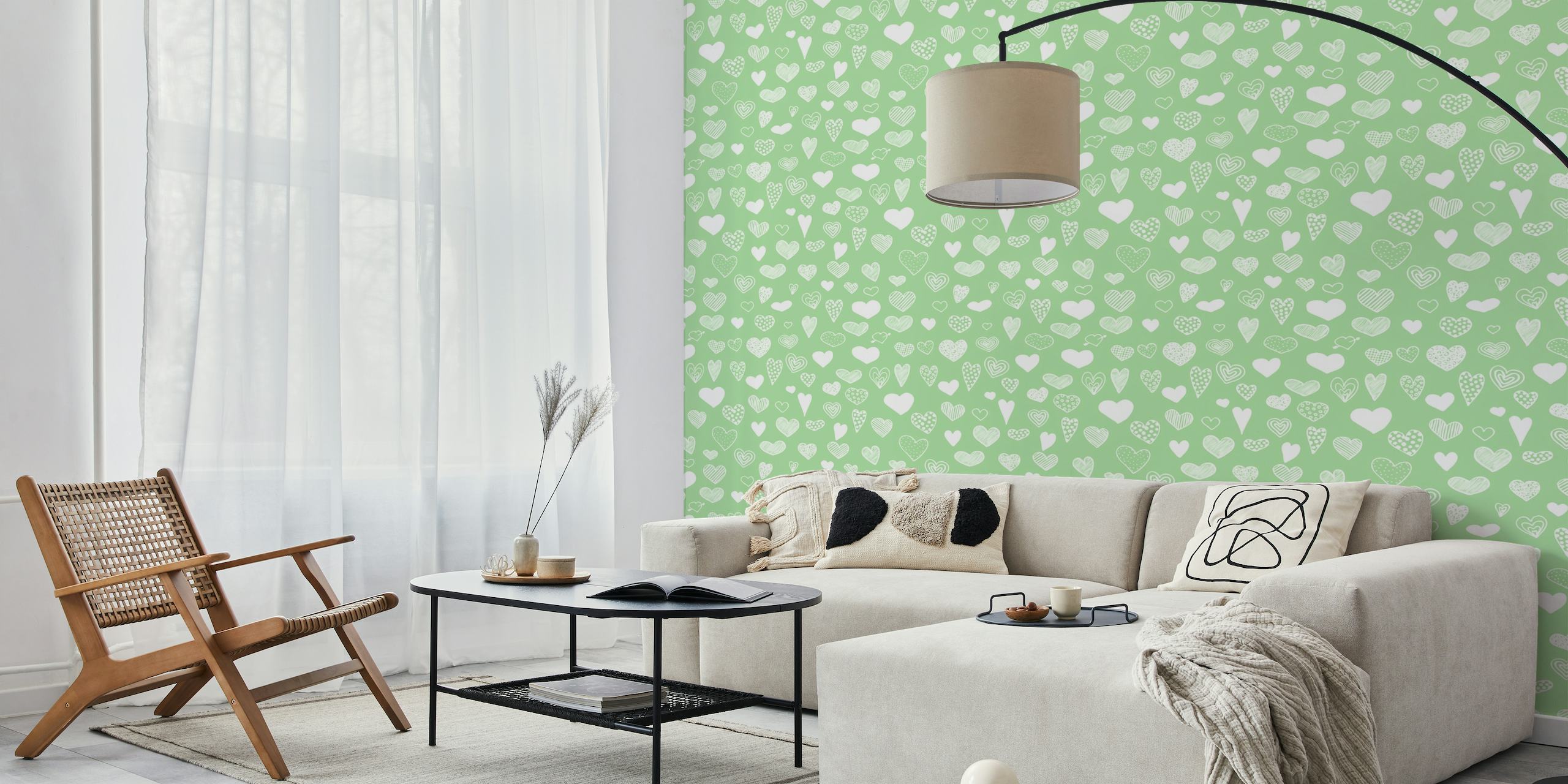 Heart Doodles in Mint Green wall mural with hand-drawn heart patterns