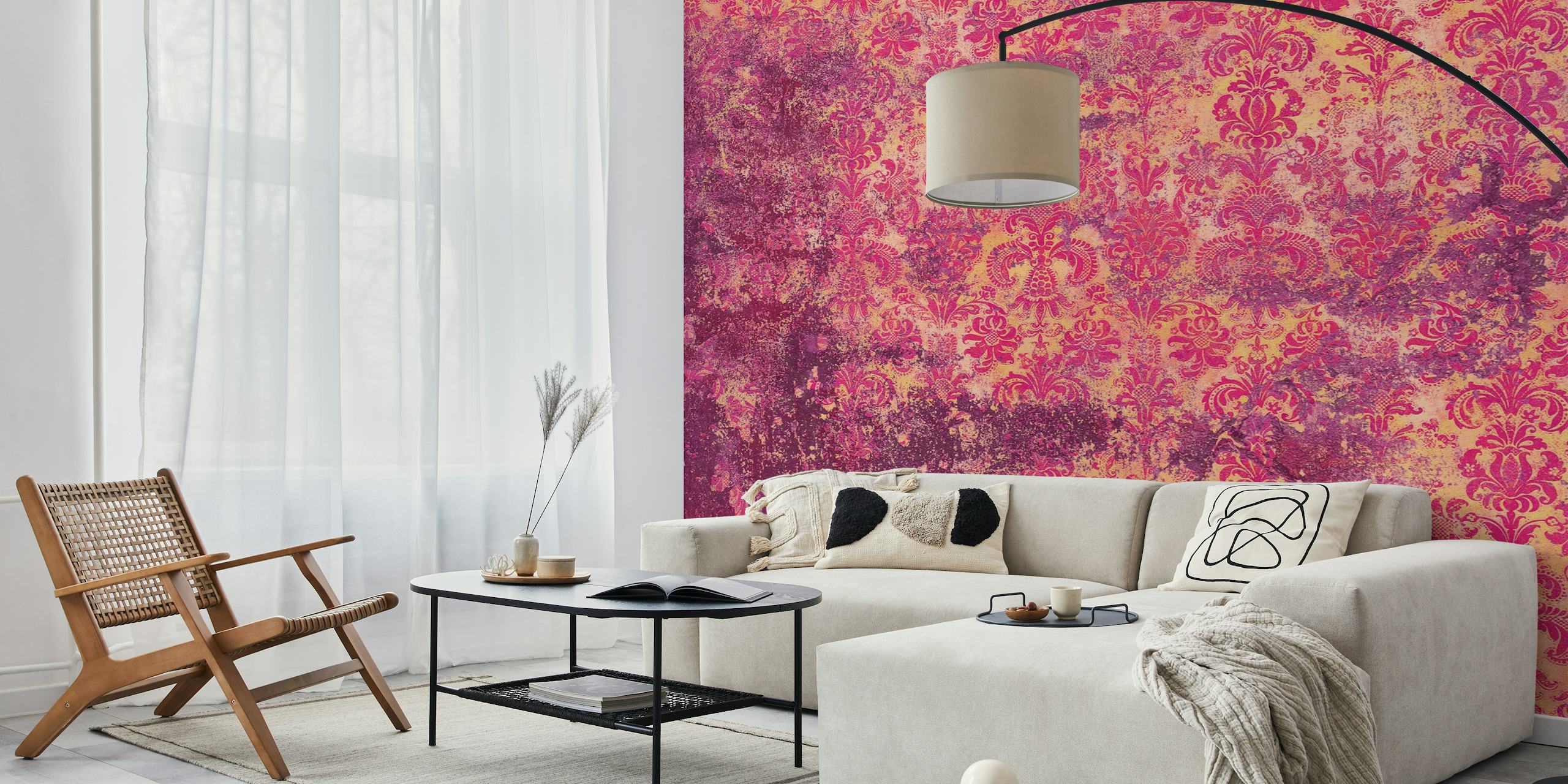 Grunge Damask Wall Fuchsia wallpaper in a room